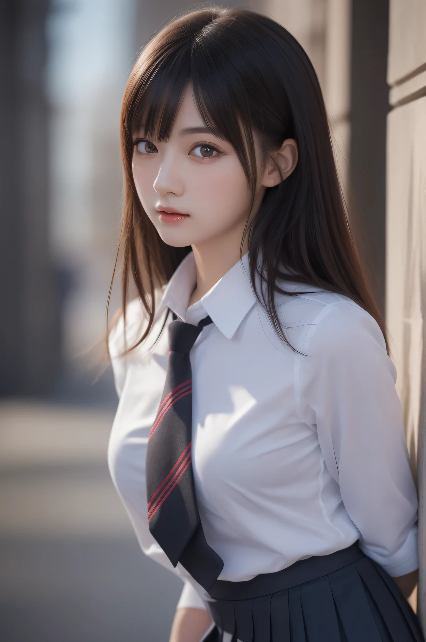 1 girl, (highest quality:1.4), (super detailed), (Highly detailed beautiful face), wonderful face and eyes, black eye, black hair, (school uniform, pleated skirt:1.3),  Highly detailed CG integrated 8k wallpaper, High resolution raw color photos, professional photos, dynamic lighting, Depth of bounds written