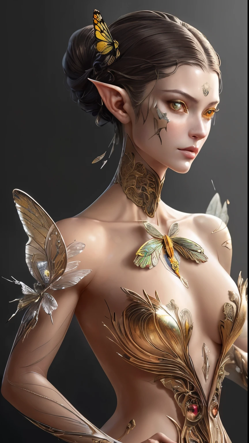 Portrait 8k d'un beau cyborg femme elfe aux cheveux bruns, complexe, elegant, very detailed, majestueux, Digital photography, art by artgerm and ruan jia and greg rutkowski surreal painting gold butterfly filigree, Broken glass, (chef-d&#39;artwork, side lighting, beautiful, finely detailed eyes: 1.2), HDR, 