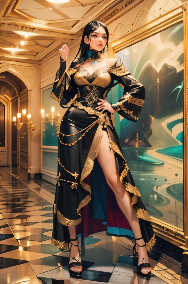 full body,solo,1 Fashion girl,long black hair,High heel , (3d sculpture,rendering by octane,volumettic light,Natural soft light,), (super delicate:1.2, lose focus:1.2, extremely colorful, Cinematic Lighting, Chiaroscuro,Ray Tracing), Masterpiece, super rich,super detailed,8k