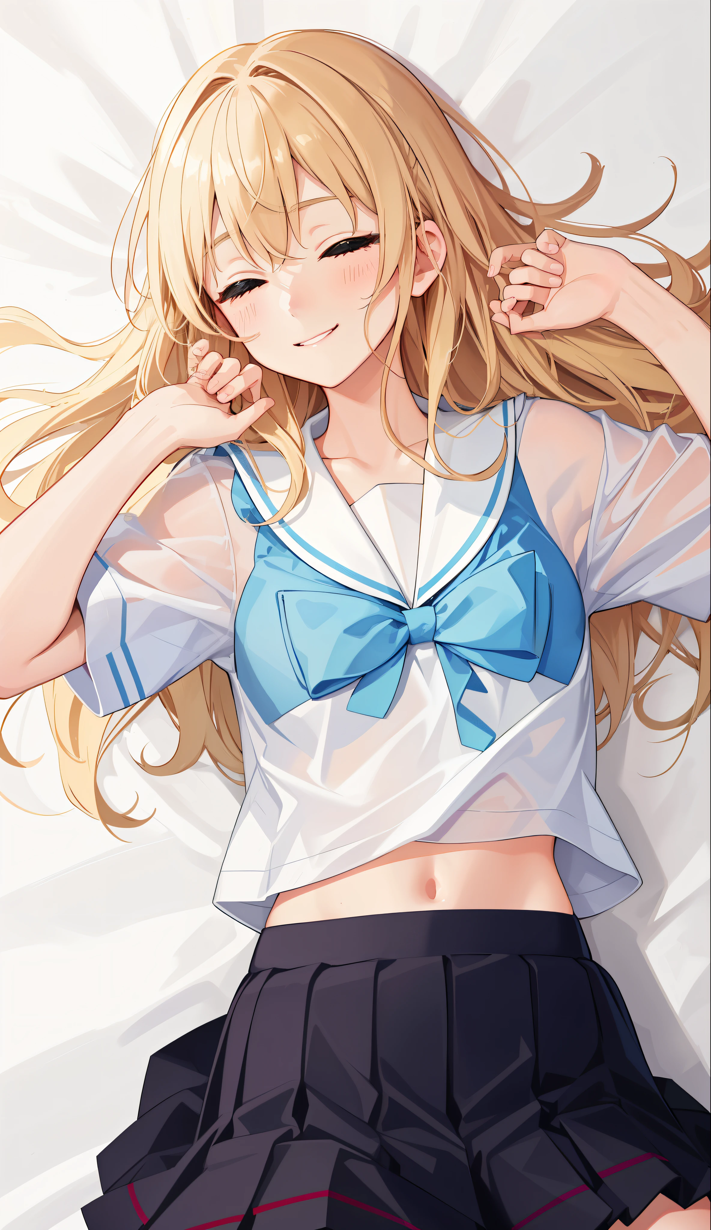 1girl in、A smile、The shirt、skirt by the、（small tits）Chilarism、Japan High School Student Uniform、serafuku、summer clothing、（Sheer Bra）、Upper body portrait、blonde  hair、s asleep、Sleeping in large letters、