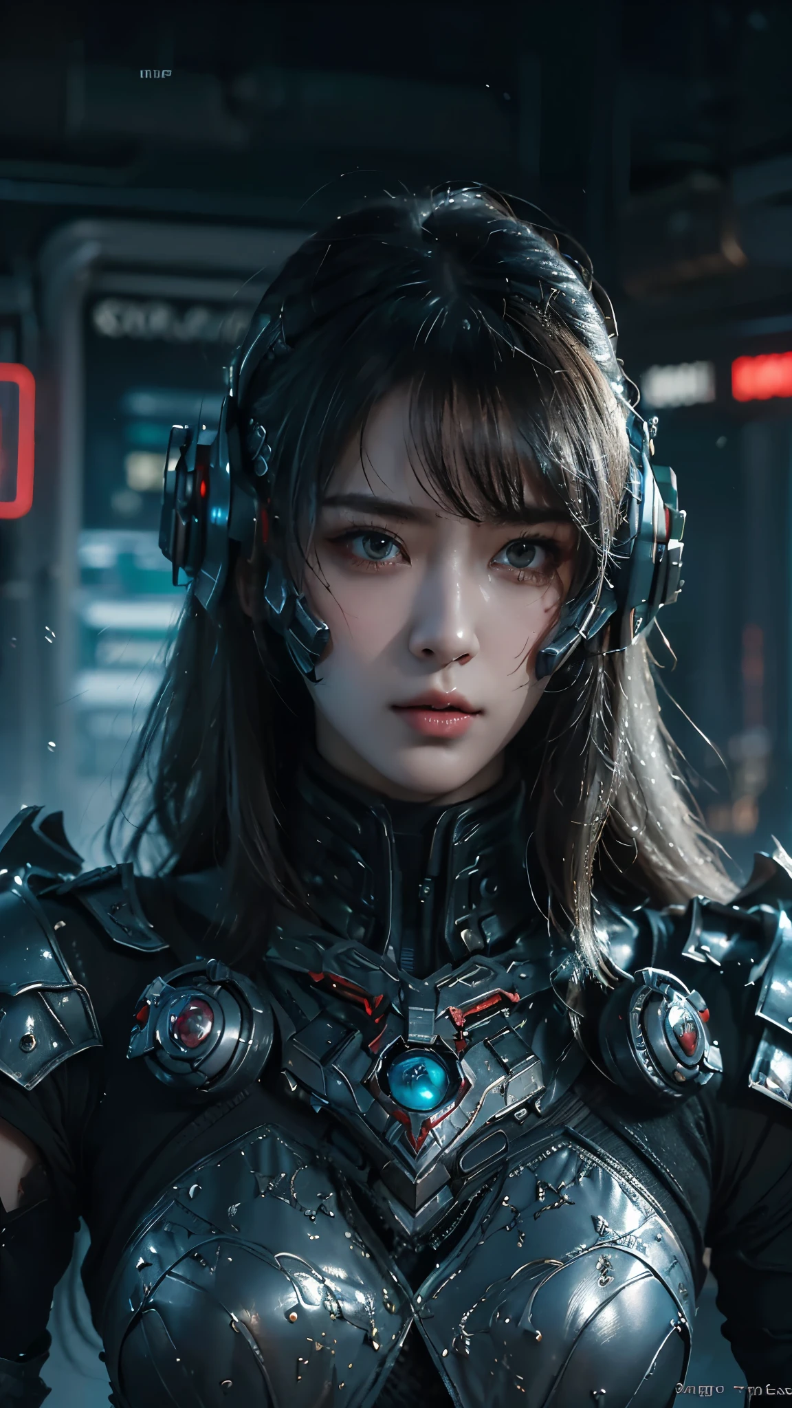 tmasterpiece,Best quality,A high resolution,8K,(Portrait photograph:1.5),(ROriginal photo),real photograph,digital photography,(Combination of cyberpunk and fantasy style),(Female soldier),20岁女孩,random hair style,By bangs,(Red eyeigchest, accessories,Keep one's mouth shut,elegant and charming,Serious and arrogant,Calm and handsome,(Cyberpunk combined with fantasy style clothing,Openwork design,joint armor,Combat uniformposing your navel,Photo pose,Realisticstyle,gray world background,oc render reflection texture