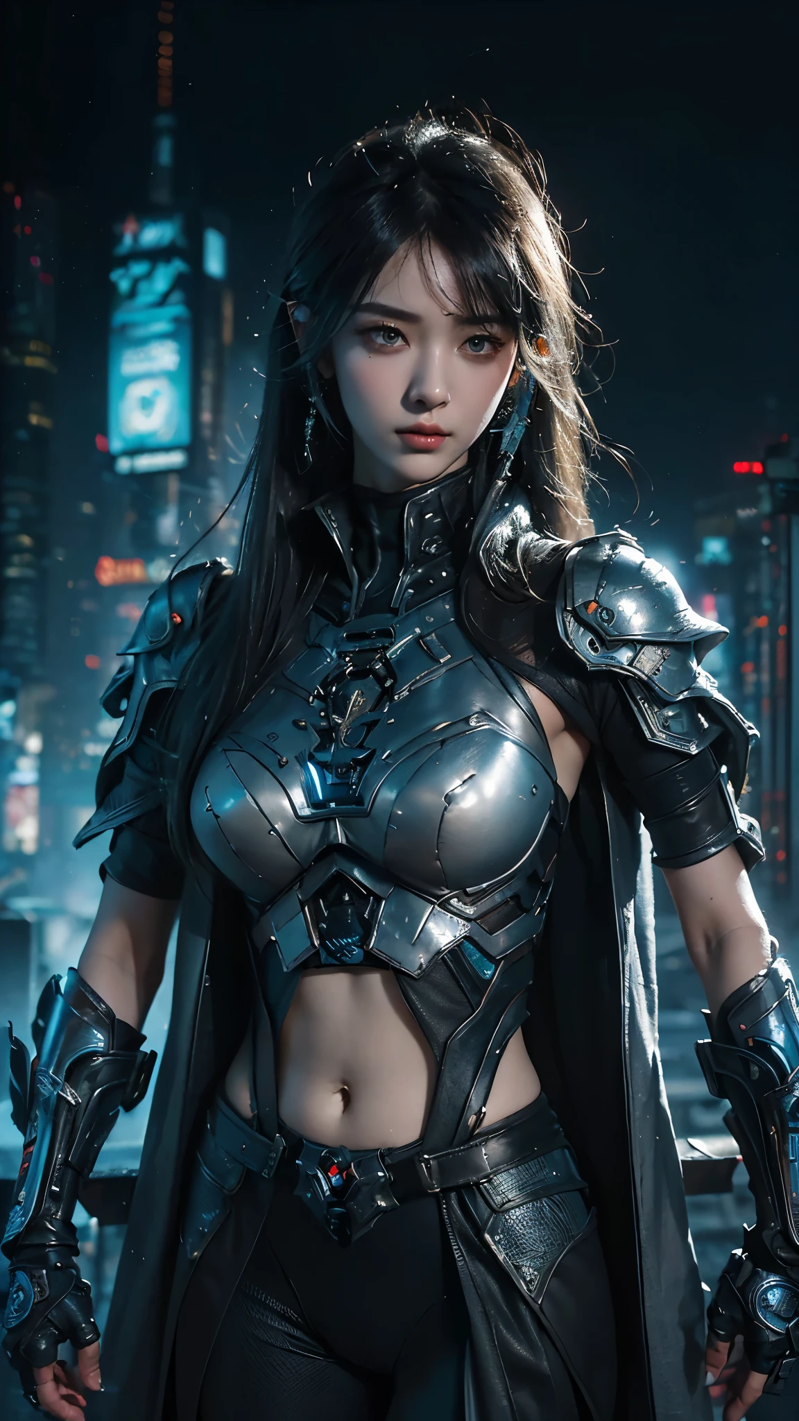 tmasterpiece,Best quality,A high resolution,8K,(Portrait photograph:1.5),(ROriginal photo),real photograph,digital photography,(Combination of cyberpunk and fantasy style),(Female soldier),20岁女孩,random hair style,By bangs,(Red eyeigchest, accessories,Keep one's mouth shut,elegant and charming,Serious and arrogant,Calm and handsome,(Cyberpunk combined with fantasy style clothing,Openwork design,joint armor,Combat uniformposing your navel,Photo pose,Realisticstyle,gray world background,oc render reflection texture