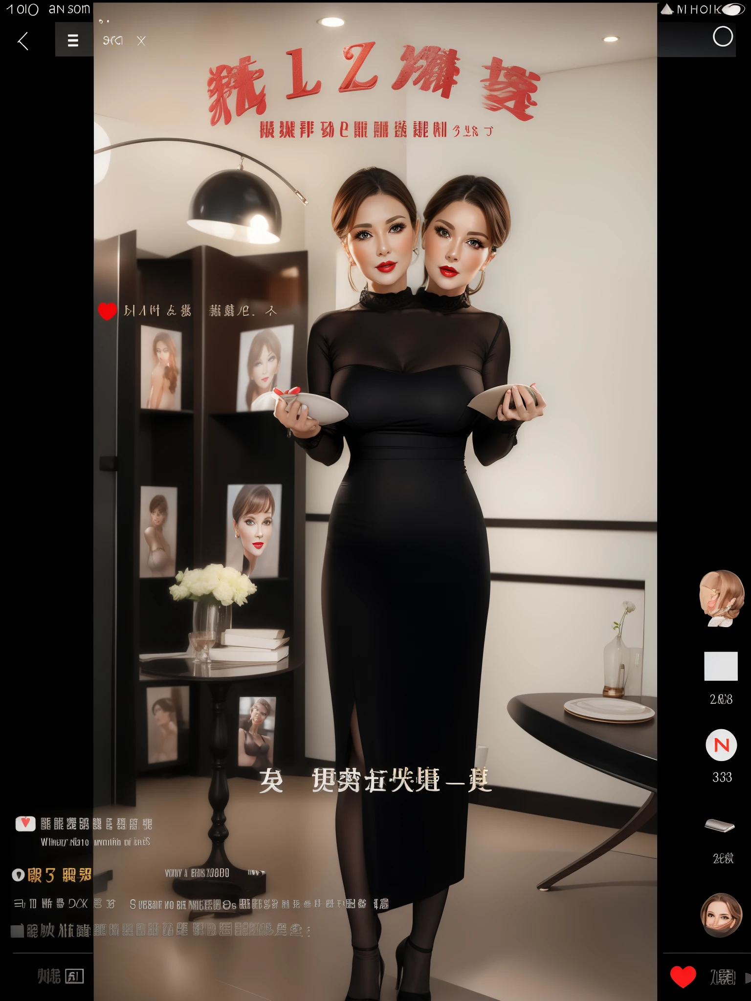 2 heads,Portrait of a 60 year old woman with brown hair, captivating gaze, brown eyes, wrinkles on her face, black pantyhose,She wears very sexy lingerie that exposes her big saggy breasts。, light makeup and red lips. 32K