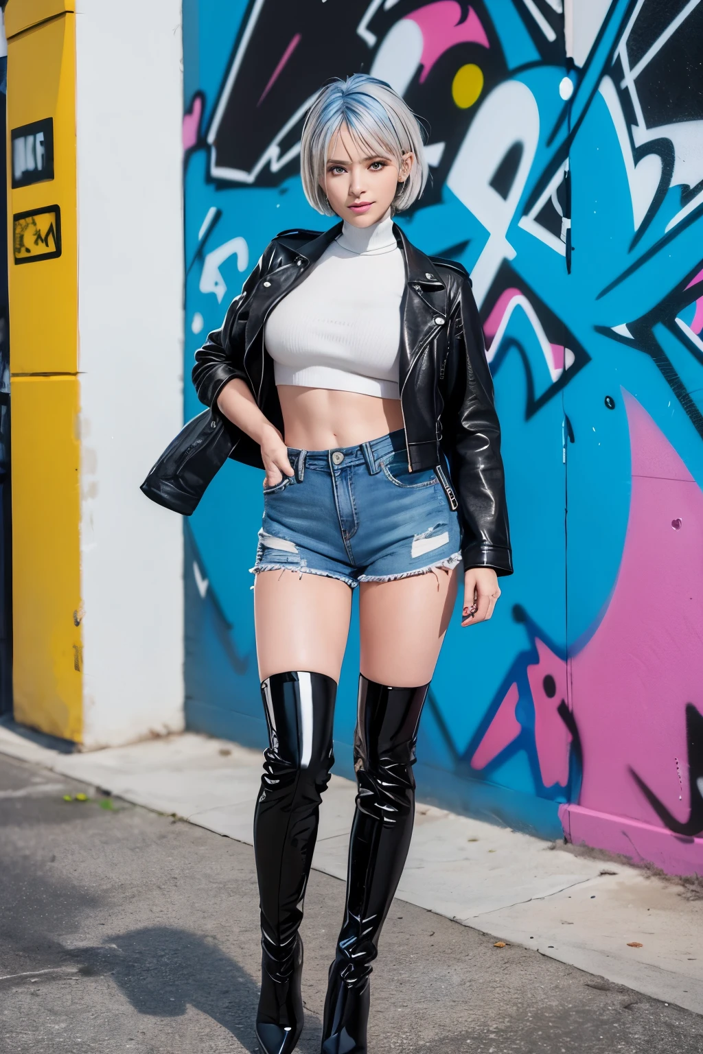 full body, standing, hands in the pocket, (shiny:1.3), black thigh high boots, high-heeled, denim short pants, (black leather jacket), white high neck knit, Best Quality:1.5, 8K, masutepiece:1.3, Crisp focus:1.2, Big breasts:1.2, Beautiful woman with perfect figure:1.4, Slender Abs:1.2, Sweaty body:1.5, Highly detailed face and skin texture, Perfect face balance, (silver short hair, blue streaked hair:1.4), Smile, beautiful studio soft light, Rim Light, vibrant detail, Hyper realistic, Octane Render, Photo realistic, standing in, (graffiti art, mural art, street art:1.2)