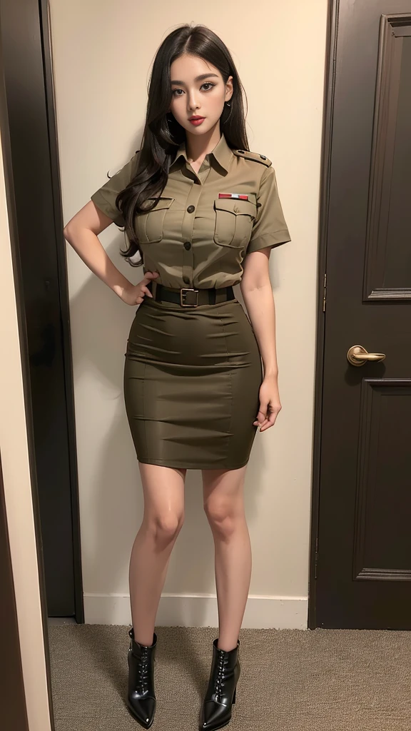 Beautiful, long hair, wearing a dark khaki outfit, ((dark khaki short-sleeved shirt)), ((dark khaki short pencil skirt)), ((decorated military rank insignia)), ((high-heeled shoes) black) ) , (Small waist, large breasts, slender thighs), (Dark red profile appearance, beautiful makeup), (Dynamic poses, firm figure), T-shirt, (( (has a dark khaki belt))), ((same color set)), (Khaki belt in There is a gold belt buckle.), (university backdrop)
