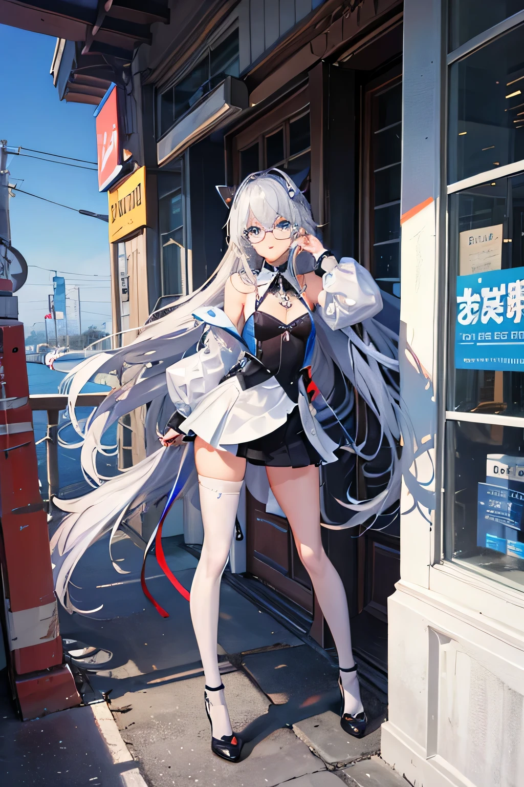 blue eyes, whole body, slim girl, wear glasses, High heel, flat chest, White clothes, station, black stockings, silver hair, long hair, Color eyes, faint smile, grinning, stereoscopic view, high resolution, Award-winning, anime style, Cubism, high detail, Surrealism, Ray tracing, 1080P, 4K, high detail, high quality, best quality