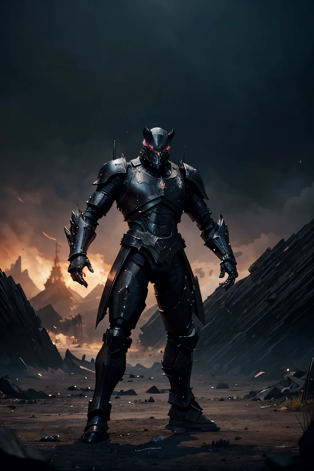 create a character like a monster , having a fantasy black armour on his body , with some effects on him, a nice weapon , with a black hair , more like a combination of robot and men , in the background i want a fantasy landscape