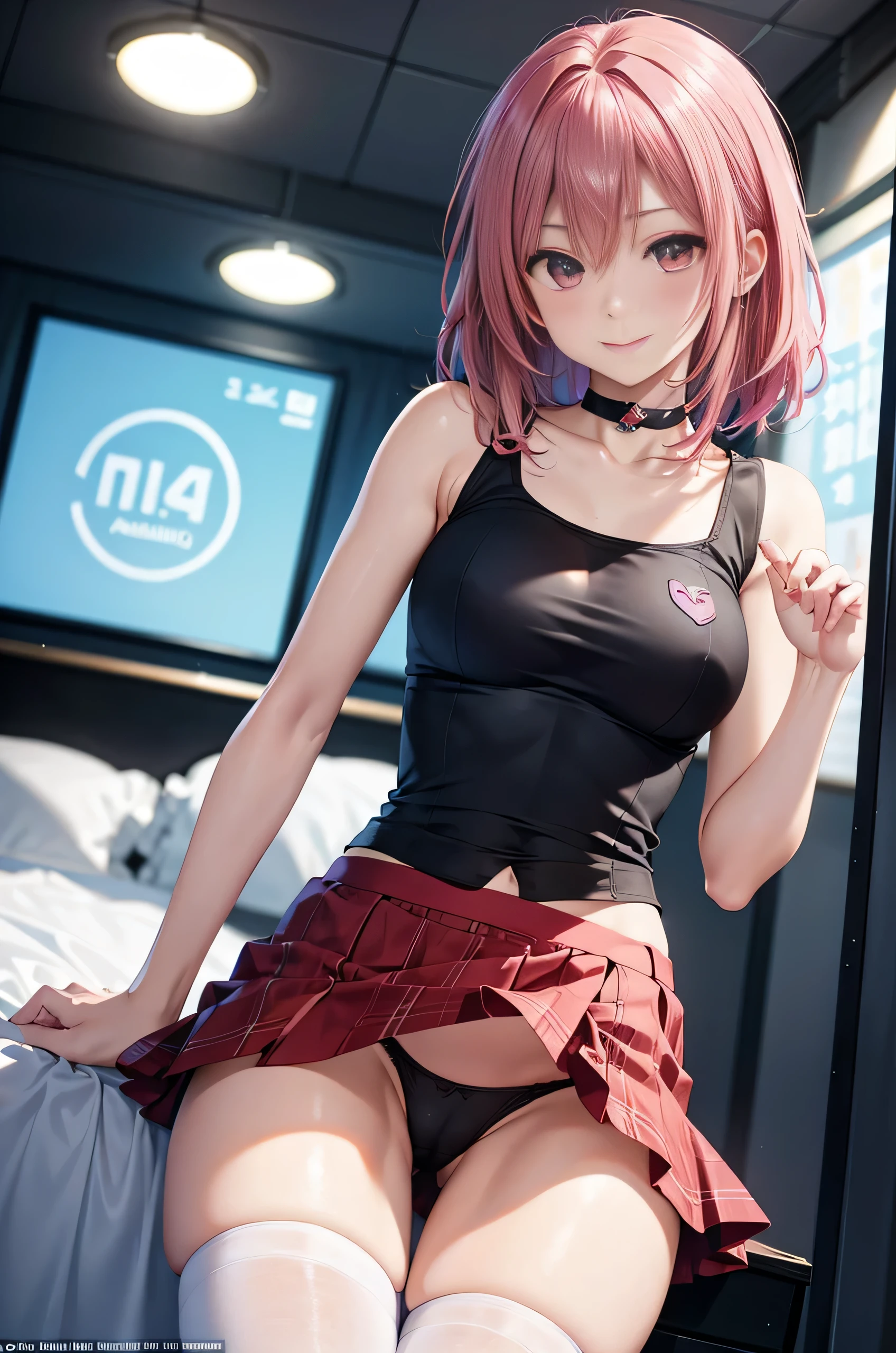 (realism:1.5、highest quality、masterpiece、High resolution、must-have)、snow mountainに立つ1人の23歳の女性、cyber punk、(red flared skirt、Red combat uniform、choker、knee high socks)、fine eyes:1.7、Fineness of the eyes:1.8、beauty of skin:1.8、(looking at the camera:1.2)、(Photo seen from the front bottom:1.3)、(medium hair:1.2、bright pink hair:1.5)、expression(shy smile) :1.3、blush:1.3)、Pause(誘惑Pause:1.5)、heart accessories、Heart-shaped、background(snow mountain:1.5、Remains、apocalyptic world)、(Medium chest、slender、abs:1.2)、(detail perfect)face)、normal hands:1.5、normal finger:1:5、normal feet:1.5、(cameltoe)