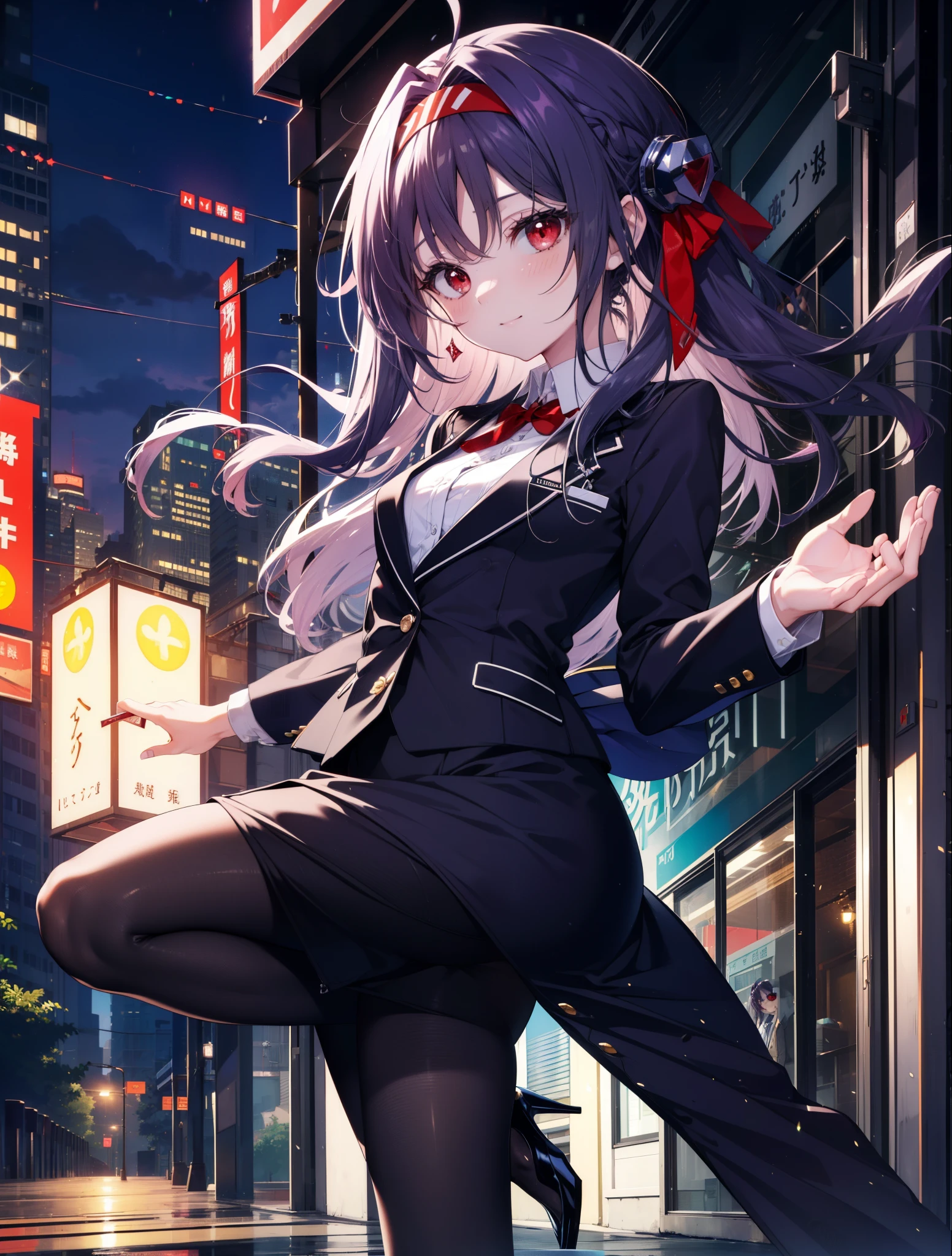 yuukikonno, Yuki Konno, hair band, long hair, purple hair, (red eyes:1.5), (small breasts:1.2), Ahoge,close your mouth,animal ears dog ears,animal tail dog tail,OL, red glasses, Fundo, black suit jacket, collared jacket, white dress shirt, collared shirt, neckline, button, strap, ID card on neck, black pencil skirt, black pantyhose, stiletto heels,place your arms behind your back,smile, blush, morning,morning日
break looking at viewer, 上から見下ろす
break outdoors, city,building street,
break (masterpiece:1.2), highest quality, High resolution, unity 8k wallpaper, (shape:0.8), (beautiful and detailed eyes:1.6), highly detailed face, Always thin fingers,perfect lighting, Very detailed CG, (perfect hands, perfect anatomy),
