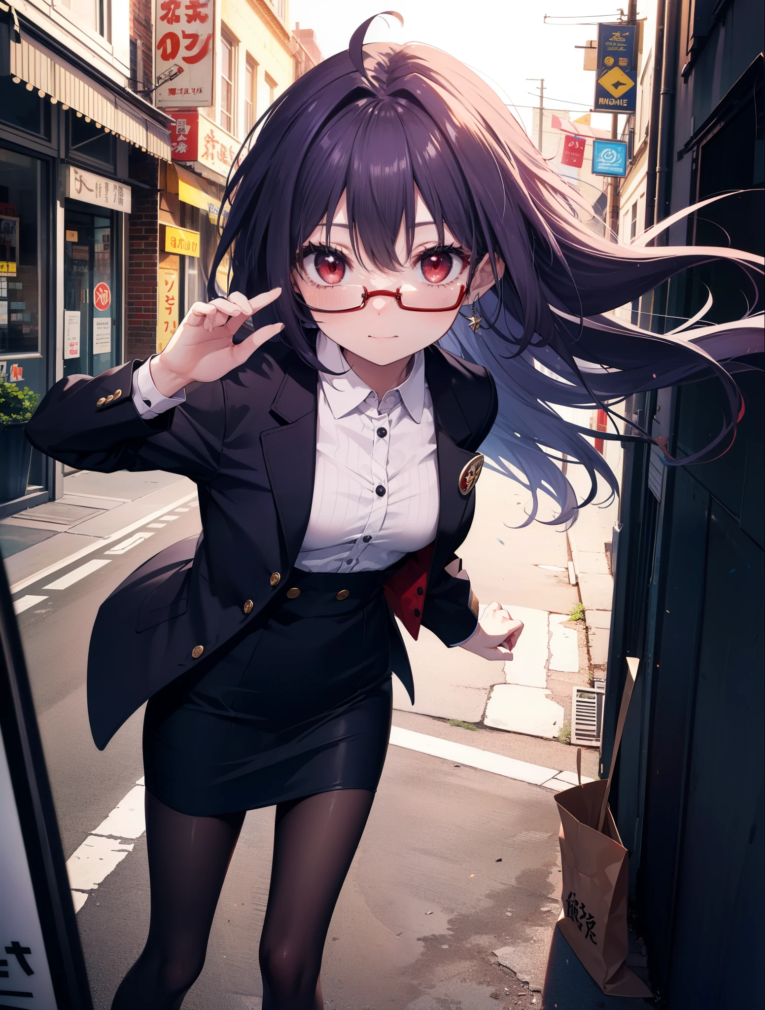 yuukikonno, Yuki Konno, hair band, long hair, purple hair, (red eyes:1.5), (small breasts:1.2), Ahoge,close your mouth,animal ears　dog ears,animal tail　dog tail,OL, red glasses, Fundo, black suit jacket, collared jacket, white dress shirt, collared shirt, neckline, button, strap, ID card on neck, black pencil skirt, black pantyhose, stiletto heels,place your arms behind your back,smile, blush, morning,morning日
break looking at viewer, 上から見下ろす
break outdoors, city,building street,
break (masterpiece:1.2), highest quality, High resolution, unity 8k wallpaper, (shape:0.8), (beautiful and detailed eyes:1.6), highly detailed face, Always thin fingers,perfect lighting, Very detailed CG, (perfect hands, perfect anatomy),