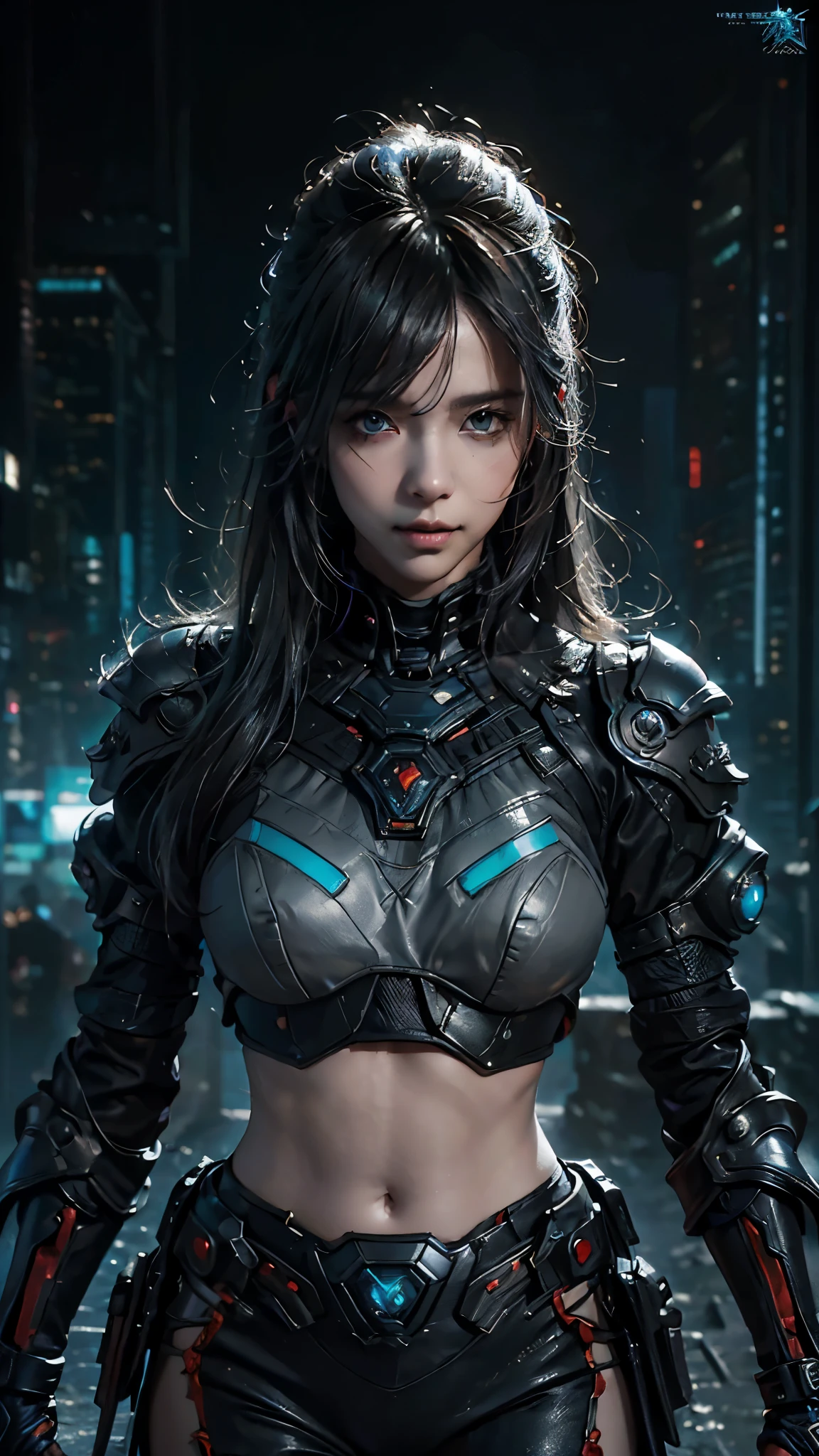 tmasterpiece,Best quality,A high resolution,8K,(Portrait photograph:1.5),(ROriginal photo),real photograph,digital photography,(Combination of cyberpunk and fantasy style),(Female soldier),20岁女孩,random hair style,By bangs,(Red eyeigchest, accessories,Keep one's mouth shut,elegant and charming,Serious and arrogant,Calm and handsome,(Cyberpunk combined with fantasy style clothing,Openwork design,joint armor,Combat uniformposing your navel,Photo pose,Realisticstyle,gray world background,oc render reflection texture