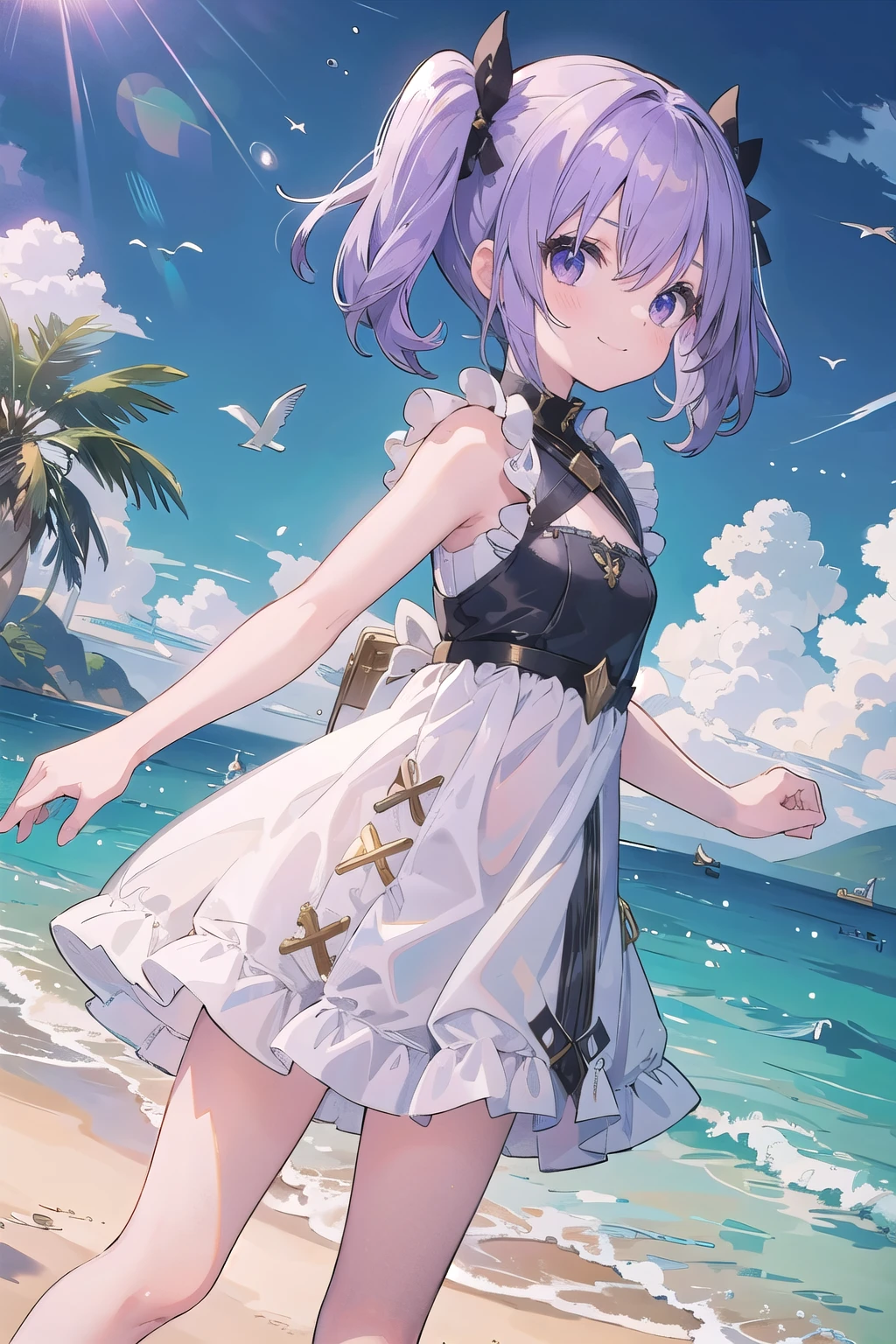 masterpiece, sandy beach, middle ages, sunlight, 1 girl, gray eyes, purple hair, smile＋happy, twintails, short hair,　battle dress knight， boyish, Fighter