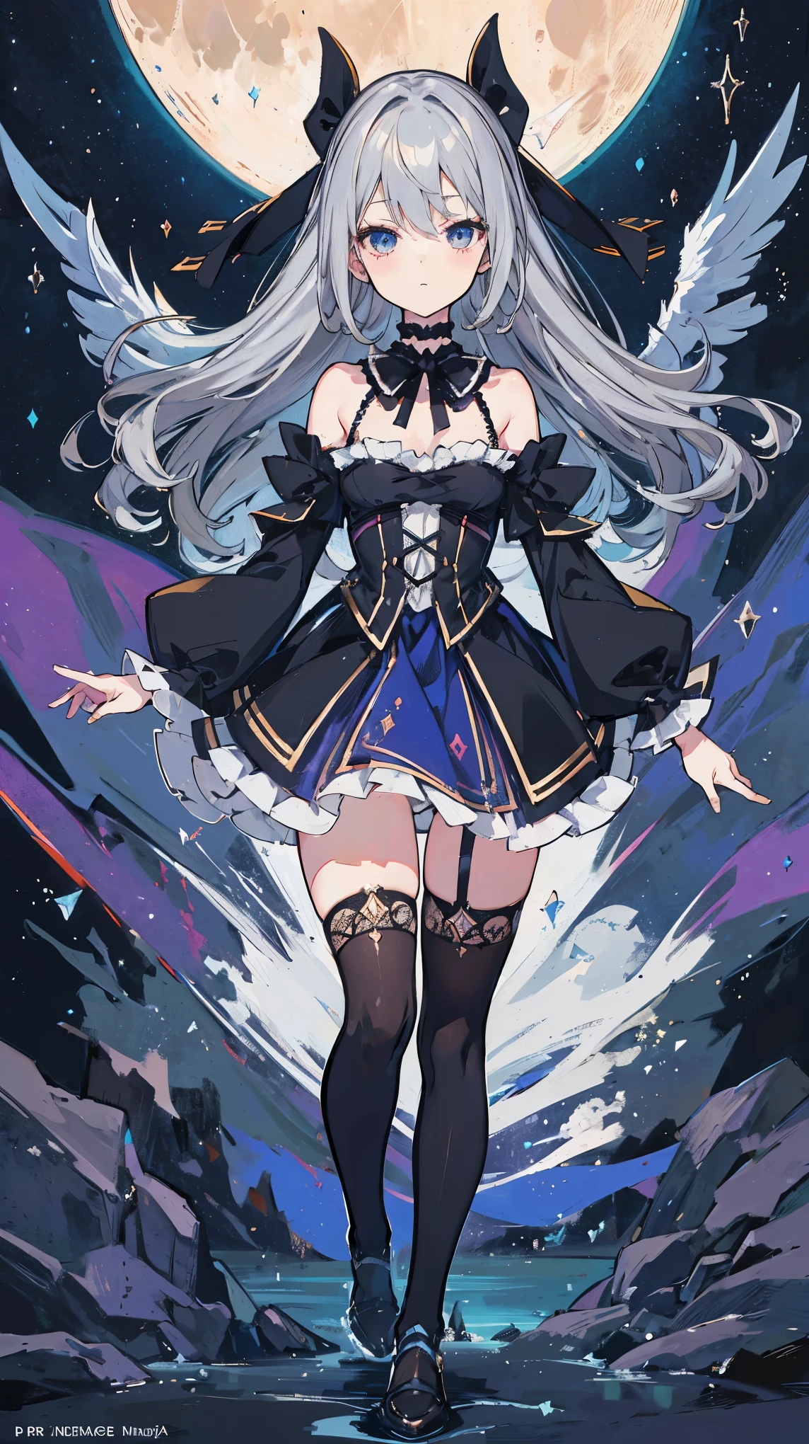 best quality,highly detailed,masterpiece,ultra-detailed,illustration,highres,absurdres,{{dark magician girl}},{{expressionless}},{large top sleeves},{black ribbon},small breast,light_leaks,artbook,curly_hair,grey hair ,black silk stocking,stockings,black choker ,small breast,ojousama,,dark_persona,{{fighting_stance}},moon