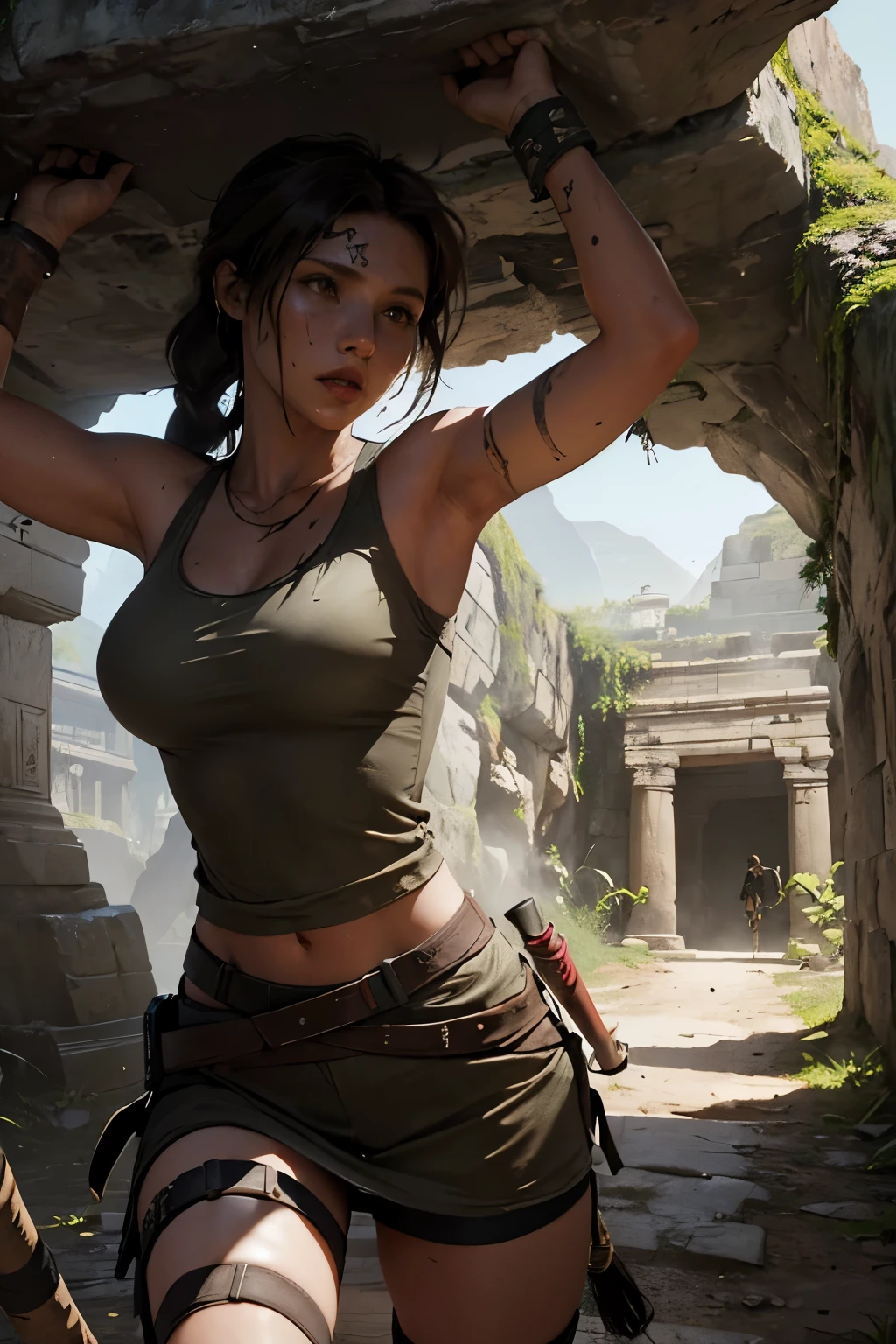 (((Underground landscape of the ancient kingdom))), a beautiful young explorer stood in the distance, ((wearing a tomb raider outfit))