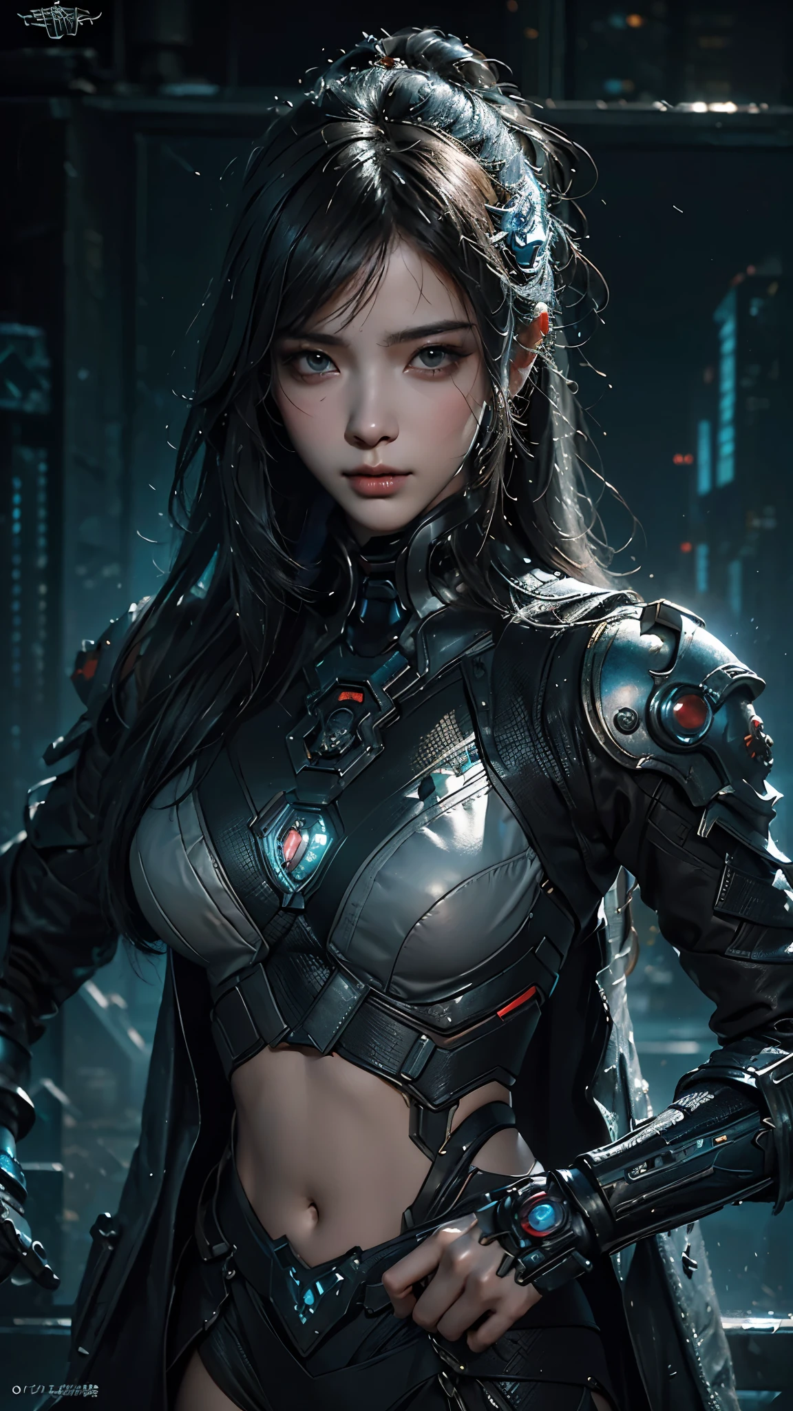 tmasterpiece,Best quality,A high resolution,8K,(Portrait photograph:1.5),(ROriginal photo),real photograph,digital photography,(Combination of cyberpunk and fantasy style),(Female soldier),20岁女孩,random hair style,By bangs,(Red eyeigchest, accessories,Keep one's mouth shut,elegant and charming,Serious and arrogant,Calm and handsome,(Cyberpunk combined with fantasy style clothing,Openwork design,joint armor,Combat uniformposing your navel,Photo pose,Realisticstyle,gray world background,oc render reflection texture