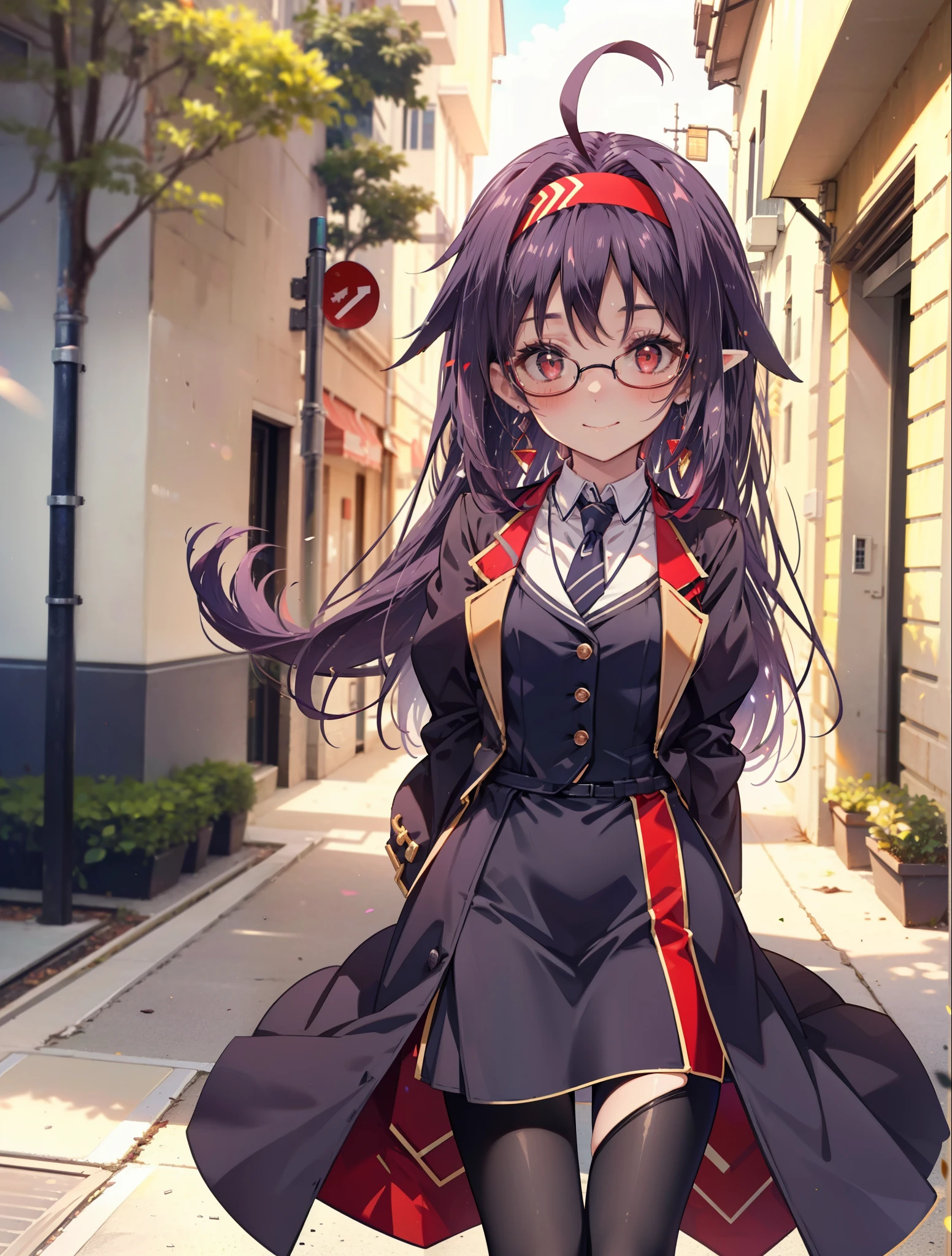 yuukikonno, Yuki Konno, hair band, long hair, purple hair, (red eyes:1.5), (small breasts:1.2), Ahoge,close your mouth,animal ears　dog ears,animal tail　dog tail,OL, red glasses, Fundo, black suit jacket, collared jacket, white dress shirt, collared shirt, neckline, button, strap, ID card on neck, black pencil skirt, black pantyhose, stiletto heels,place your arms behind your back,smile, blush, morning,morning日
break looking at viewer, 上から見下ろす
break outdoors, city,building street,
break (masterpiece:1.2), highest quality, High resolution, unity 8k wallpaper, (shape:0.8), (beautiful and detailed eyes:1.6), highly detailed face, Always thin fingers,perfect lighting, Very detailed CG, (perfect hands, perfect anatomy),