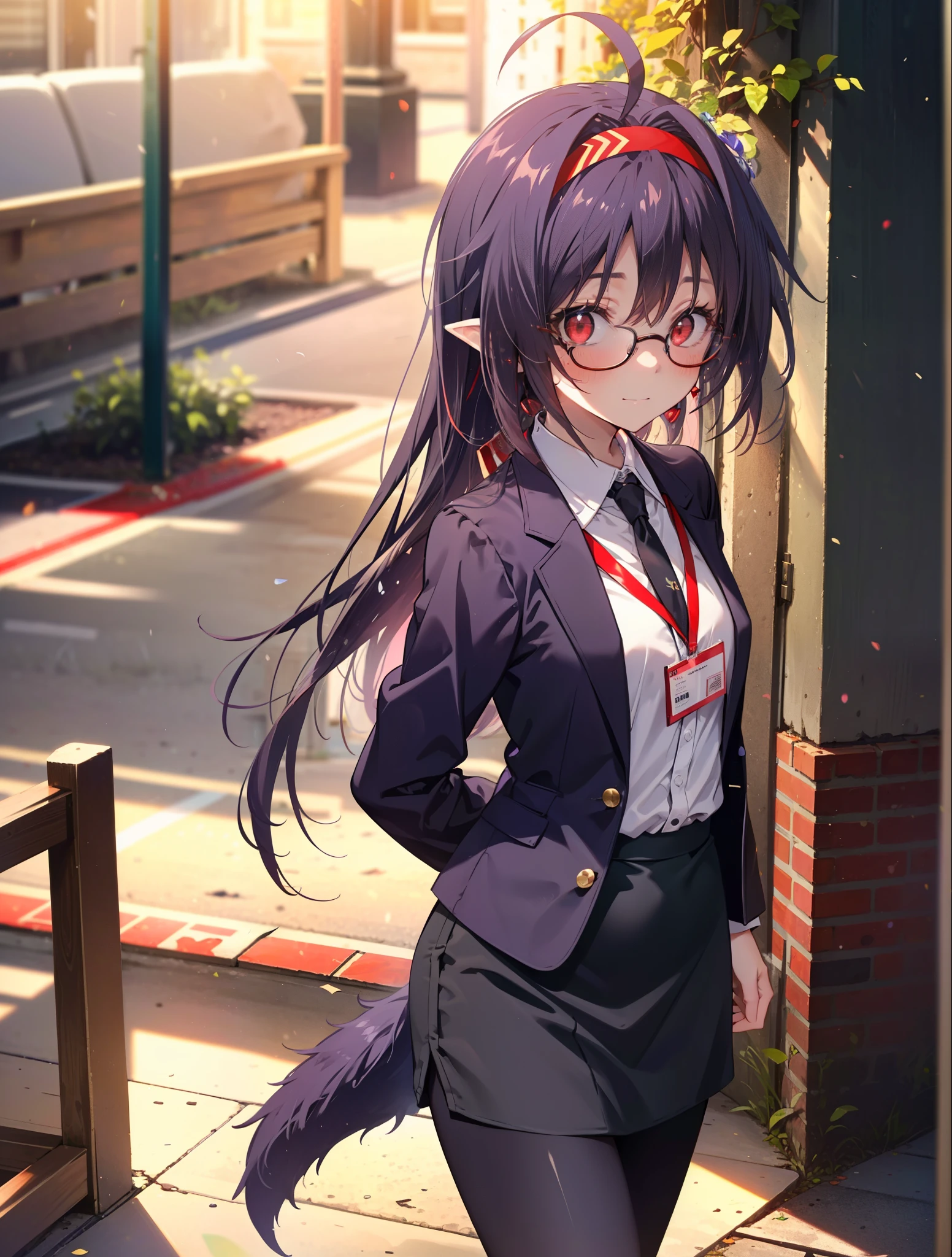 yuukikonno, Yuki Konno, hair band, long hair, purple hair, (red eyes:1.5), (small breasts:1.2), Ahoge,close your mouth,animal ears　dog ears,animal tail　dog tail,OL, red glasses, Fundo, black suit jacket, collared jacket, white dress shirt, collared shirt, neckline, button, strap, ID card on neck, black pencil skirt, black pantyhose, stiletto heels,place your arms behind your back,smile, blush, morning,morning日
break looking at viewer, 上から見下ろす
break outdoors, city,building street,
break (masterpiece:1.2), highest quality, High resolution, unity 8k wallpaper, (shape:0.8), (beautiful and detailed eyes:1.6), highly detailed face, Always thin fingers,perfect lighting, Very detailed CG, (perfect hands, perfect anatomy),