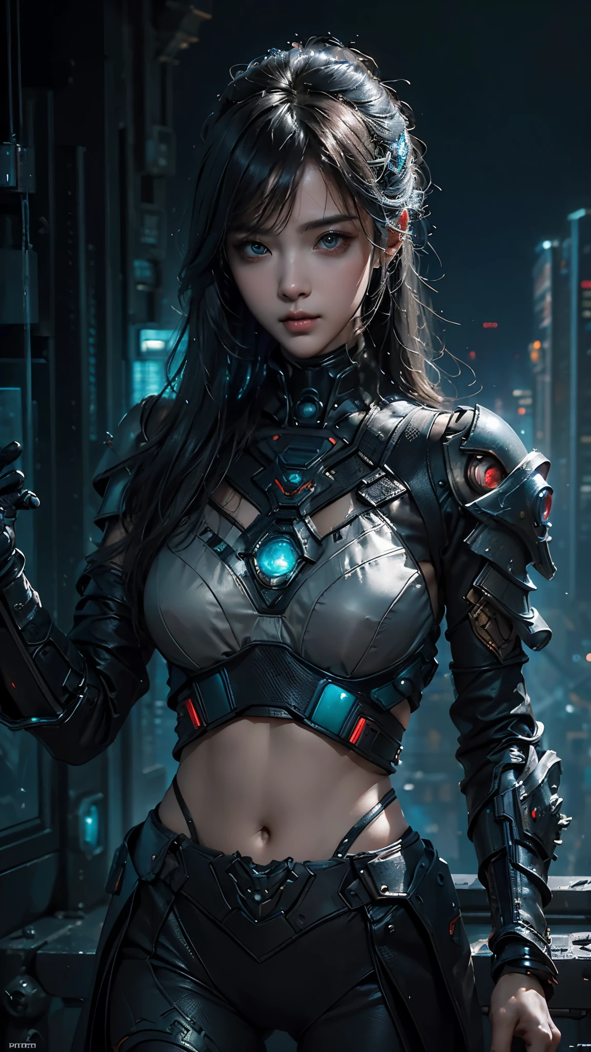 tmasterpiece,Best quality,A high resolution,8K,(Portrait photograph:1.5),(ROriginal photo),real photograph,digital photography,(Combination of cyberpunk and fantasy style),(Female soldier),20岁女孩,random hair style,By bangs,(Red eyeigchest, accessories,Keep one's mouth shut,elegant and charming,Serious and arrogant,Calm and handsome,(Cyberpunk combined with fantasy style clothing,Openwork design,joint armor,Combat uniformposing your navel,Photo pose,Realisticstyle,gray world background,oc render reflection texture