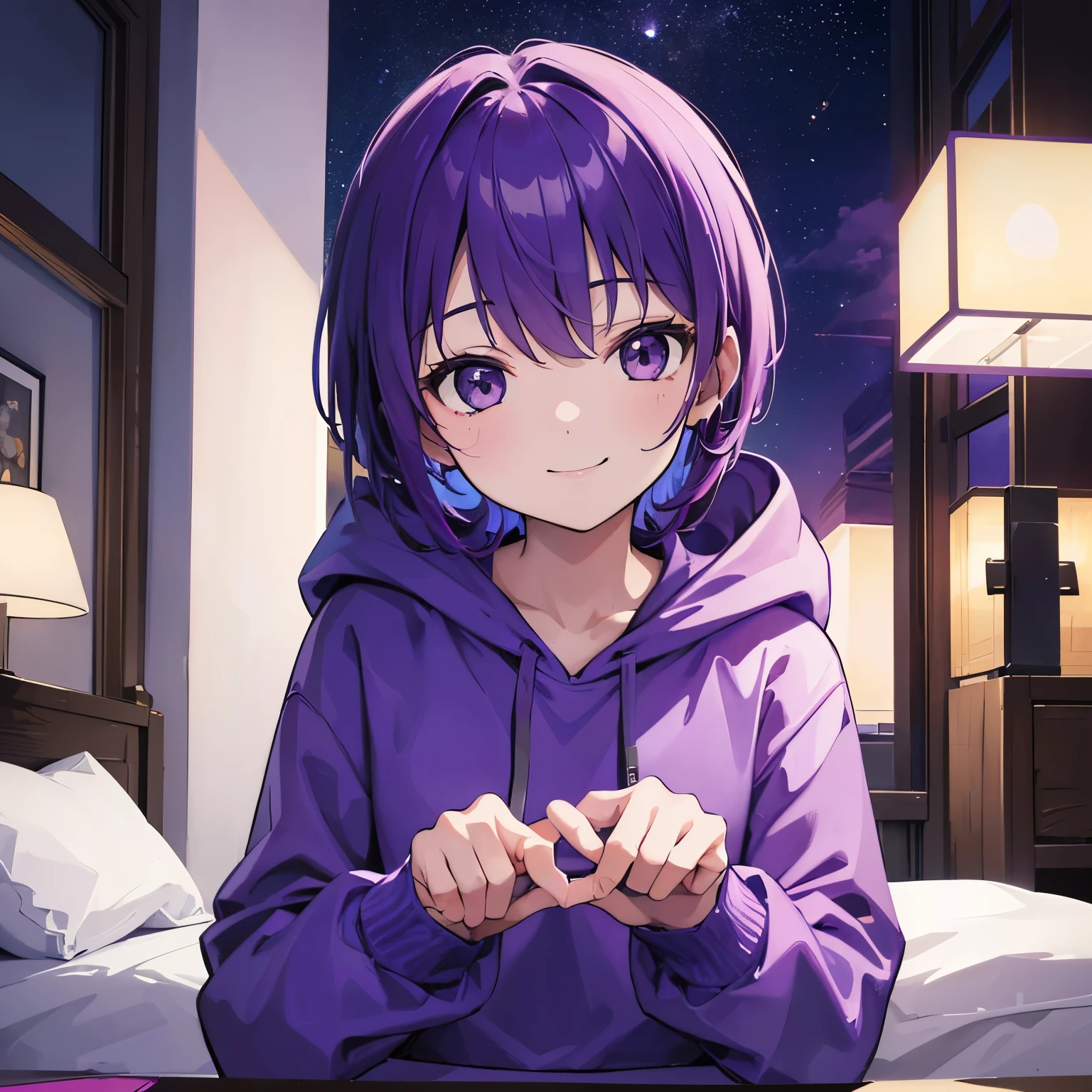 (T Masterpiece，4K wallpaper，Best Quality))、((girl１people))、(solo)、Bright and Brilliant，(Purple Hair)、(Shortcuts:1.3)、smile、Bedroom、sweater、morning