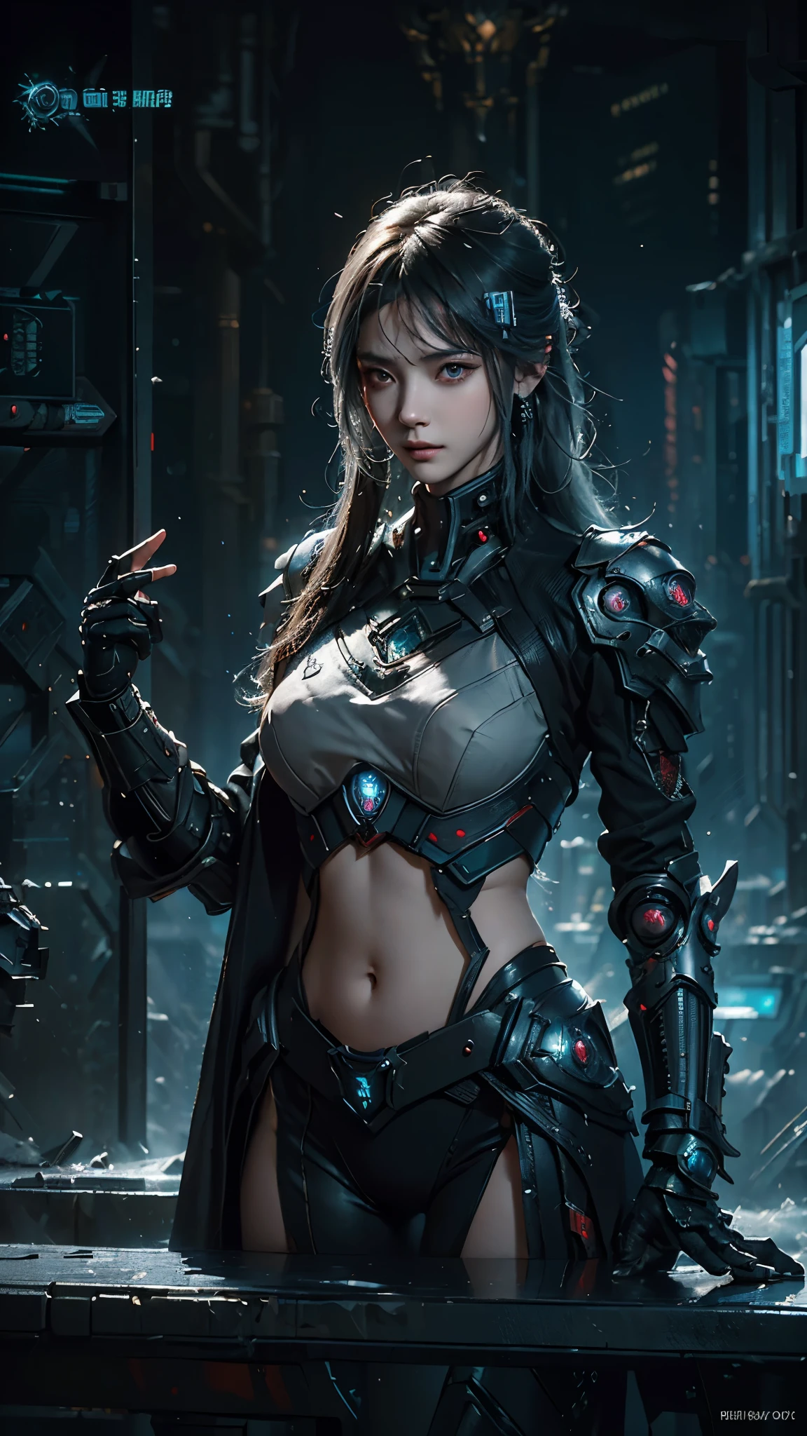 tmasterpiece,Best quality,A high resolution,8K,(Portrait photograph:1.5),(ROriginal photo),real photograph,digital photography,(Combination of cyberpunk and fantasy style),(Female soldier),20岁女孩,random hair style,By bangs,(Red eyeigchest, accessories,Keep one's mouth shut,elegant and charming,Serious and arrogant,Calm and handsome,(Cyberpunk combined with fantasy style clothing,Openwork design,joint armor,Combat uniformposing your navel,Photo pose,Realisticstyle,gray world background,oc render reflection texture