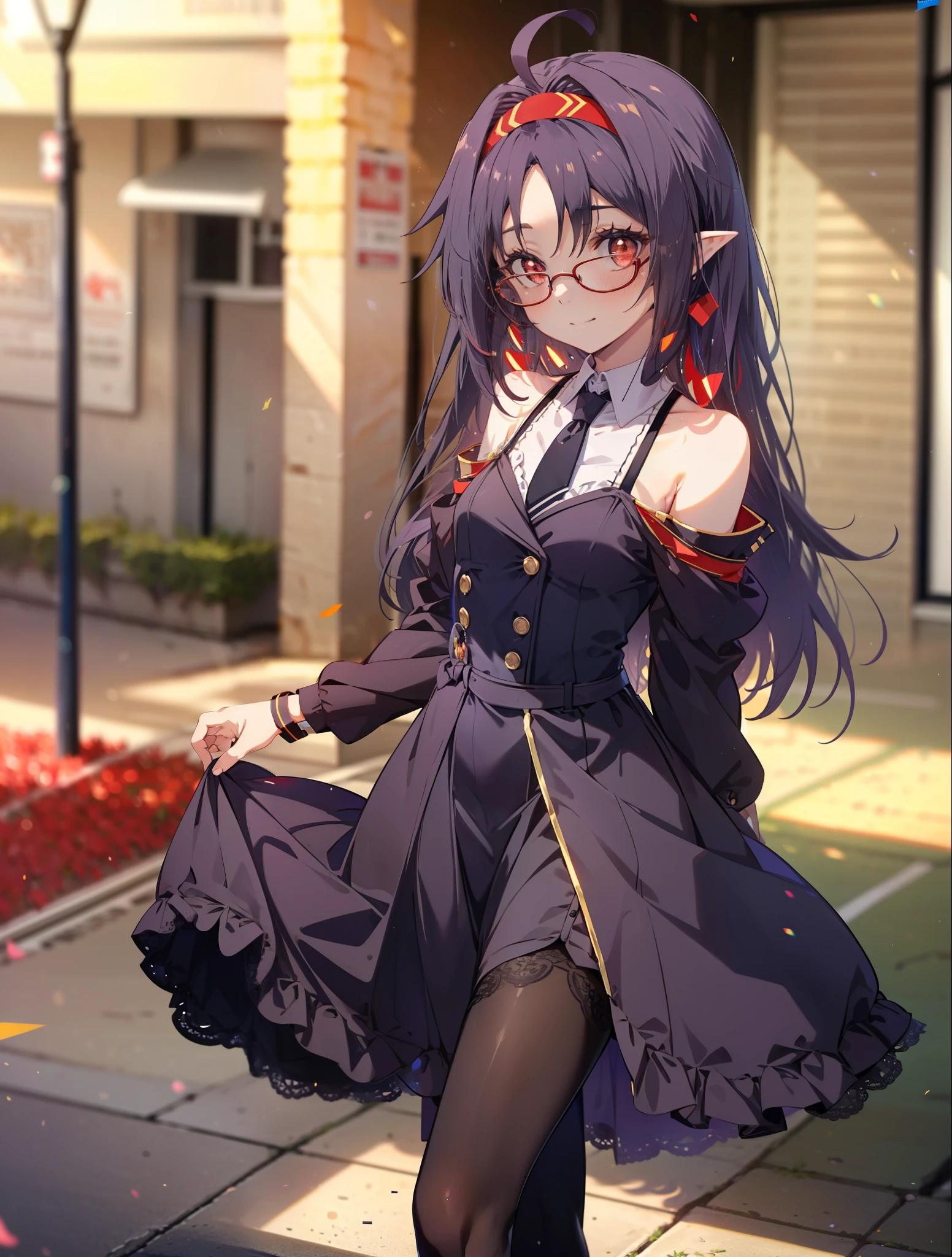 yuukikonno, Yuki Konno, hair band, long hair, purple hair, (red eyes:1.5), (small breasts:1.2), Ahoge,close your mouth,animal ears　dog ears,animal tail　dog tail,OL, red glasses, Fundo, black suit jacket, collared jacket, white dress shirt, collared shirt, neckline, button, strap, ID card on neck, black pencil skirt, black pantyhose, stiletto heels,place your arms behind your back,smile, blush, morning,morning日
break looking at viewer, 上から見下ろす
break outdoors, city,building street,
break (masterpiece:1.2), highest quality, High resolution, unity 8k wallpaper, (shape:0.8), (beautiful and detailed eyes:1.6), highly detailed face, Always thin fingers,perfect lighting, Very detailed CG, (perfect hands, perfect anatomy),