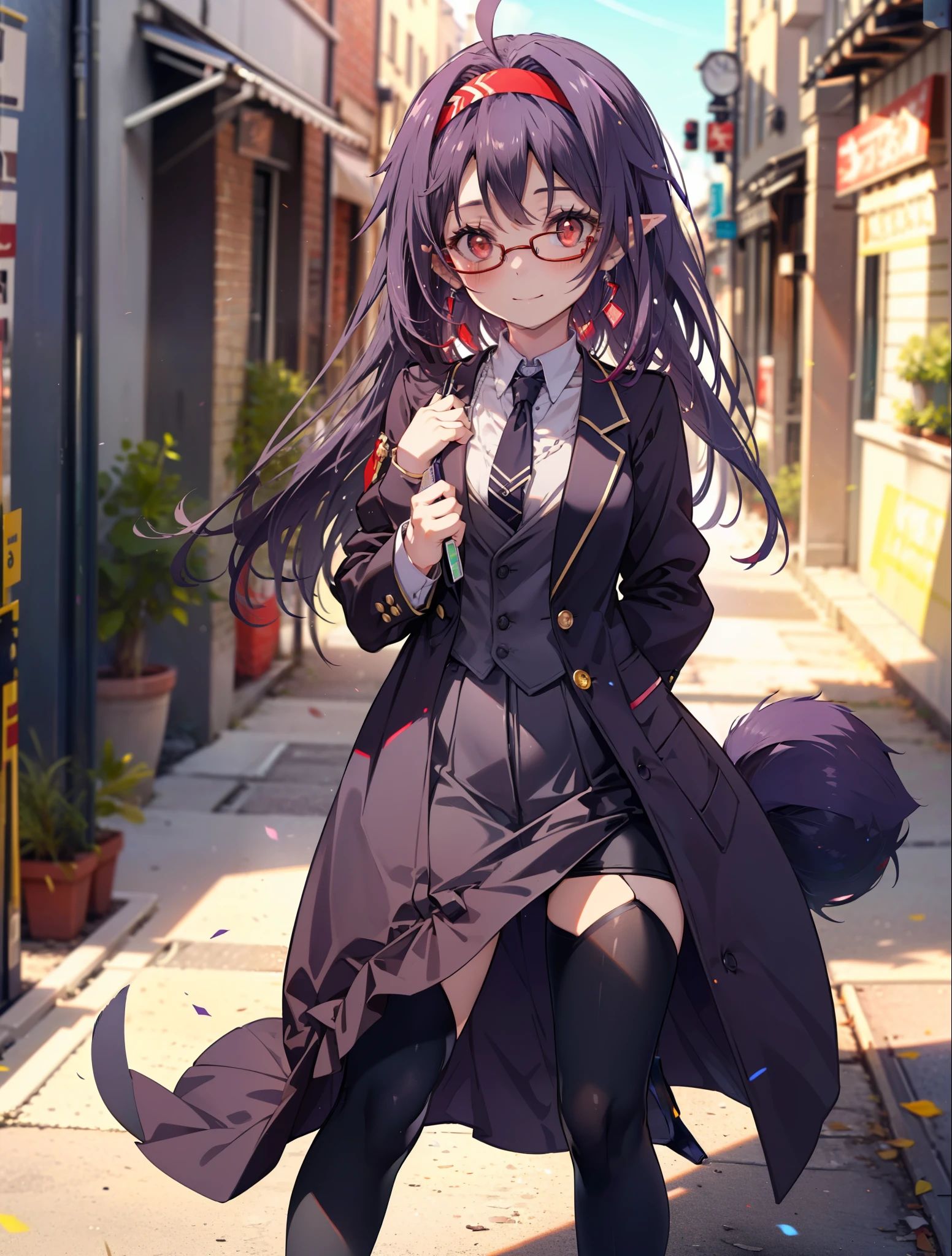 yuukikonno, Yuki Konno, hair band, long hair, purple hair, (red eyes:1.5), (small breasts:1.2), Ahoge,close your mouth,animal ears　dog ears,animal tail　dog tail,OL, red glasses, Fundo, black suit jacket, collared jacket, white dress shirt, collared shirt, neckline, button, strap, ID card on neck, black pencil skirt, black pantyhose, stiletto heels,place your arms behind your back,smile, blush, morning,morning日
break looking at viewer, 上から見下ろす
break outdoors, city,building street,
break (masterpiece:1.2), highest quality, High resolution, unity 8k wallpaper, (shape:0.8), (beautiful and detailed eyes:1.6), highly detailed face, Always thin fingers,perfect lighting, Very detailed CG, (perfect hands, perfect anatomy),