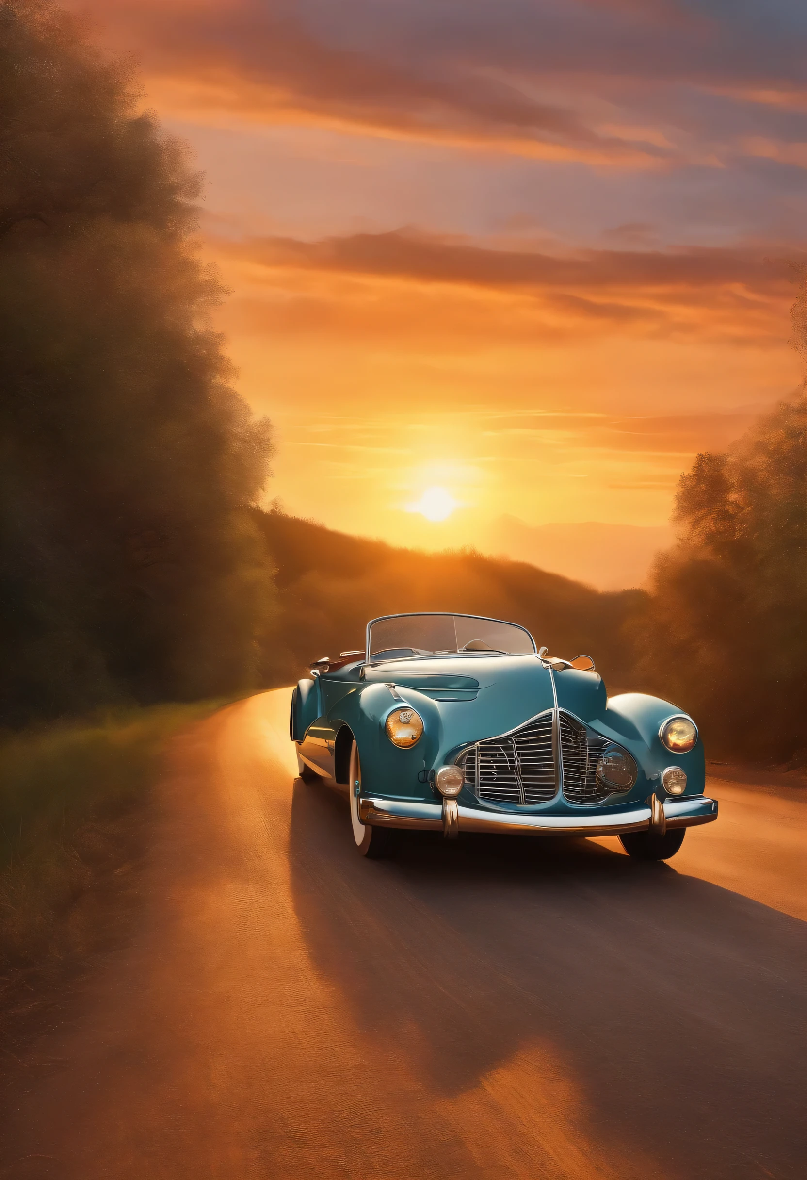 Lackierung eines Oldtimers, Driving on a road at sunset, Atemberaubender Kunststil, Intricate oil painting artwork, Digital Art Oil Painting, stylized oil painting, Oil Paint Style, elegant oil painting, beautiful retro art, Luminescent oil painting, Hochwertige digitale Malerei, Oil painting 4 k, Oil painting 4K, very detailed oil painting, Art Deco paintings