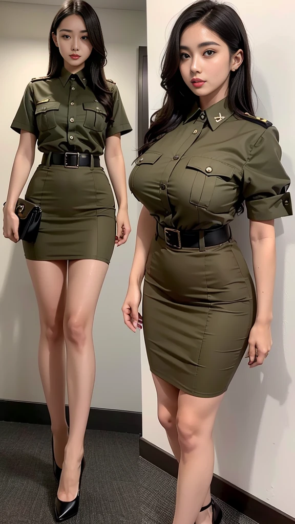 Beautiful, long hair, wearing a dark khaki outfit, ((dark khaki short-sleeved shirt)), ((dark khaki short pencil skirt)), ((decorated military rank insignia)), ((high-heeled shoes) black) ) , (Small waist, large breasts, slender thighs), (Dark red profile appearance, beautiful makeup), (Dynamic poses, firm figure), T-shirt, (( (has a dark khaki belt))), ((same color set)), (Khaki belt in There is a gold belt buckle.), (university backdrop)