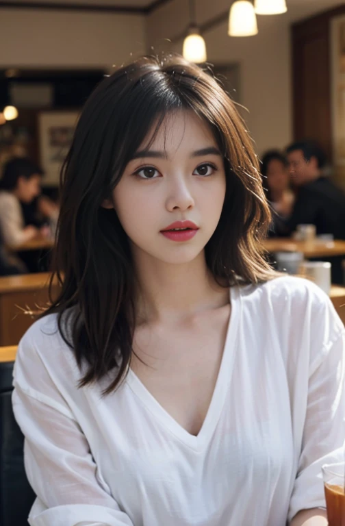 (original photo, best quality), (actual, photoactual: 1.3), best quality, Very detailed, masterpiece, super detailed, illustration, 1 girl, superior_Body, dynamic angle, world masterpiece theater, messy_long_hair, top quality, Very detailed CG Unity 8k wallpaper, ink, Astonishing, Cinema lighting, lens_flare,In a café,self-shot