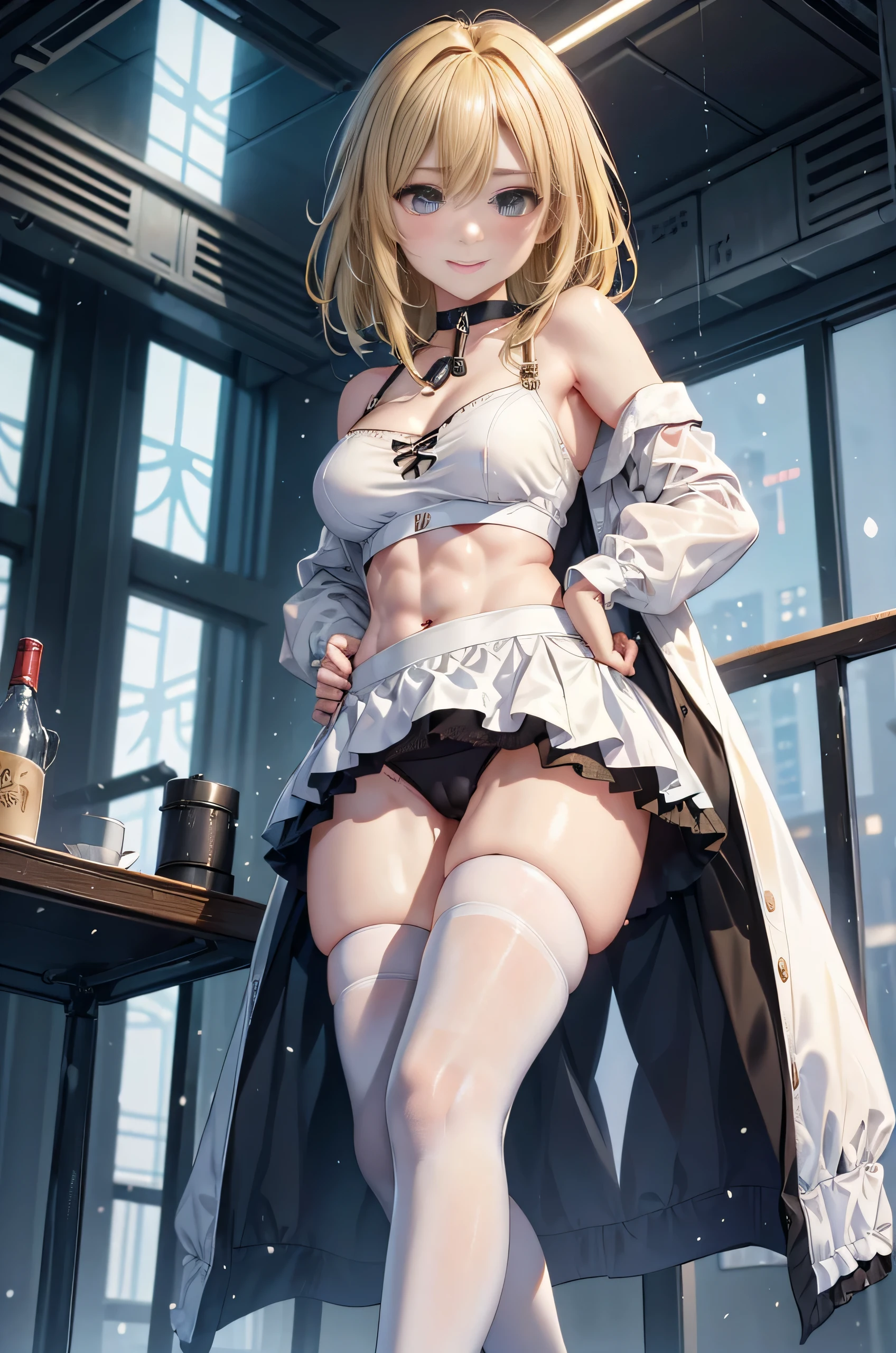 (realism:1.5、highest quality、masterpiece、High resolution、must-have)、snow mountainに立つ1人の23歳の女性、cyber punk、(flare skirt、combat uniform、choker、knee high socks)、fine eyes:1.7、Fineness of the eyes:1.8、beauty of skin:1.8、(looking at the camera:1.2)、(Photo seen from below:1.3)、(medium hair:1.2、bright blonde hair:1.5)、expression(shy smile) :1.3、blush:1.3)、Pause(誘惑Pause:1.5)、heart accessories、Heart-shaped、background(snow mountain:1.5、Remains、apocalyptic world)、(Medium chest、slender、abs:1.2)、(detail perfect)face)、normal hands:1.5、normal finger:1:5、normal feet:1.5、(cameltoe)