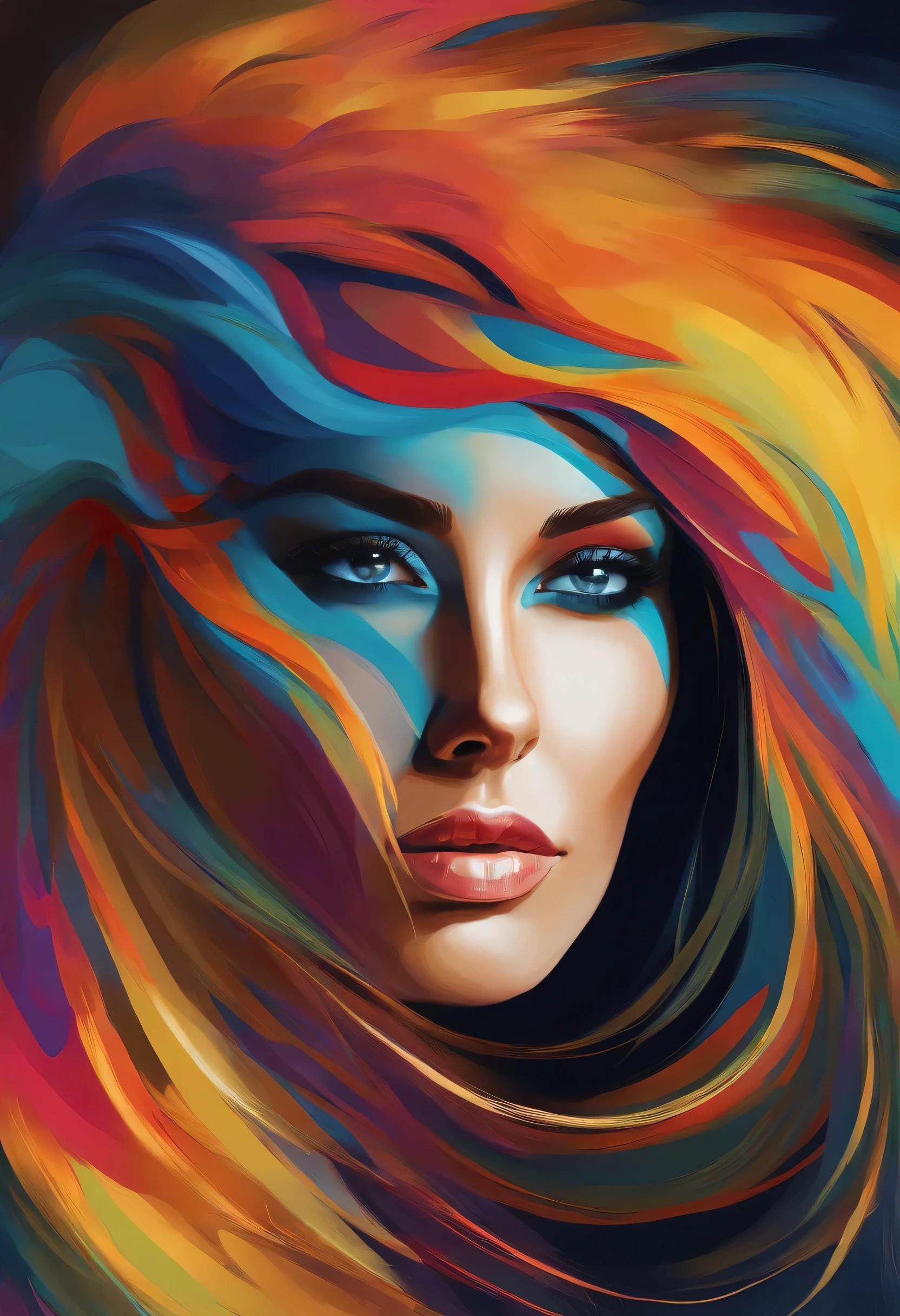 Painting of a woman with a colorful face and long hair, digitale Kunstmalerei, lebendige digitale Malerei, digitale Malerei, im Stil der digitalen Malerei, Bunte digitale Malerei, shiny digital painting, Kunst Digitale Malerei, digitales Kunstbild, gemalte digitale Kunst, ausdrucksstarke digitale Malerei, im Stil der digitalen Illustration, Stil digitale Malerei, an ausdrucksstarke digitale Malerei, bunte digitale Kunst