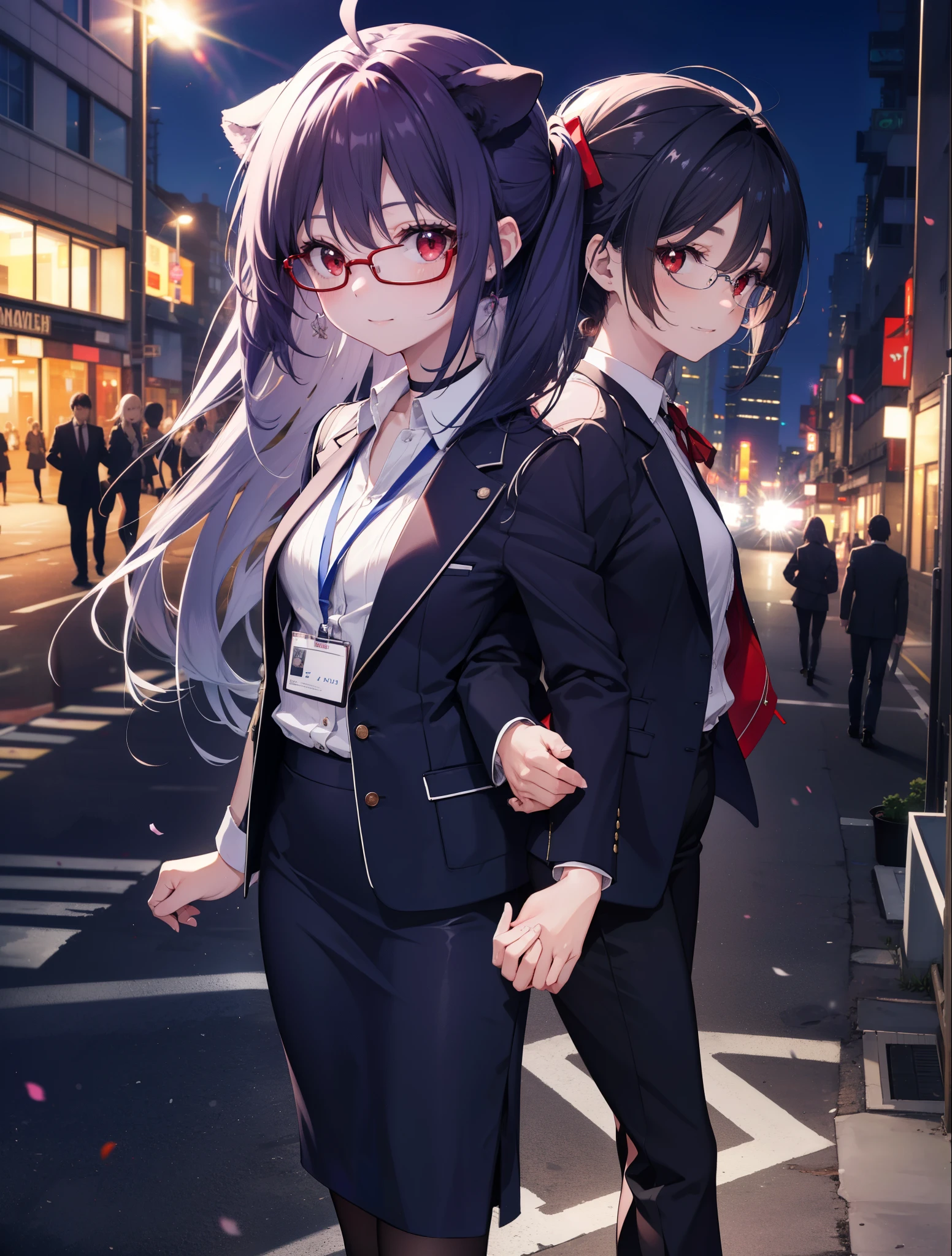 yuukikonno, Yuki Konno, hair band, long hair, purple hair, (red eyes:1.5), (small breasts:1.2), Ahoge,close your mouth,animal ears dog ears,animal tail dog tail,OL, red glasses, Fundo, black suit jacket, collared jacket, white dress shirt, collared shirt, neckline, button, strap, ID card on neck, black pencil skirt, black pantyhose, stiletto heels,place your arms behind your back,smile, blush, morning,morning日
break looking at viewer, 上から見下ろす
break outdoors, city,building street,
break (masterpiece:1.2), highest quality, High resolution, unity 8k wallpaper, (shape:0.8), (beautiful and detailed eyes:1.6), highly detailed face, Always thin fingers,perfect lighting, Very detailed CG, (perfect hands, perfect anatomy),