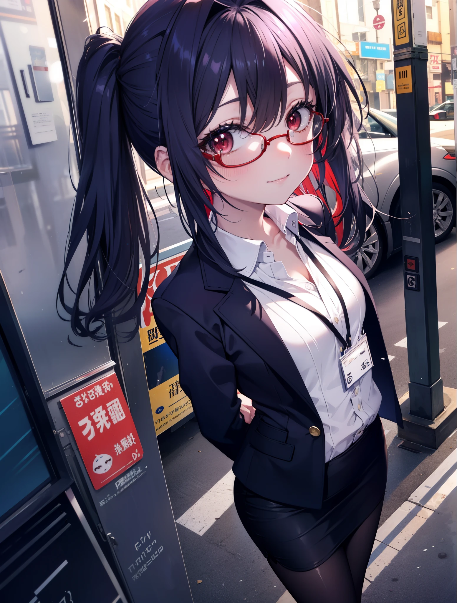 yuukikonno, Yuki Konno, hair band, long hair, purple hair, (red eyes:1.5), (small breasts:1.2), Ahoge,close your mouth,animal ears dog ears,animal tail dog tail,OL, red glasses, Fundo, black suit jacket, collared jacket, white dress shirt, collared shirt, neckline, button, strap, ID card on neck, black pencil skirt, black pantyhose, stiletto heels,place your arms behind your back,smile, blush, morning,morning日
break looking at viewer, 上から見下ろす
break outdoors, city,building street,
break (masterpiece:1.2), highest quality, High resolution, unity 8k wallpaper, (shape:0.8), (beautiful and detailed eyes:1.6), highly detailed face, Always thin fingers,perfect lighting, Very detailed CG, (perfect hands, perfect anatomy),