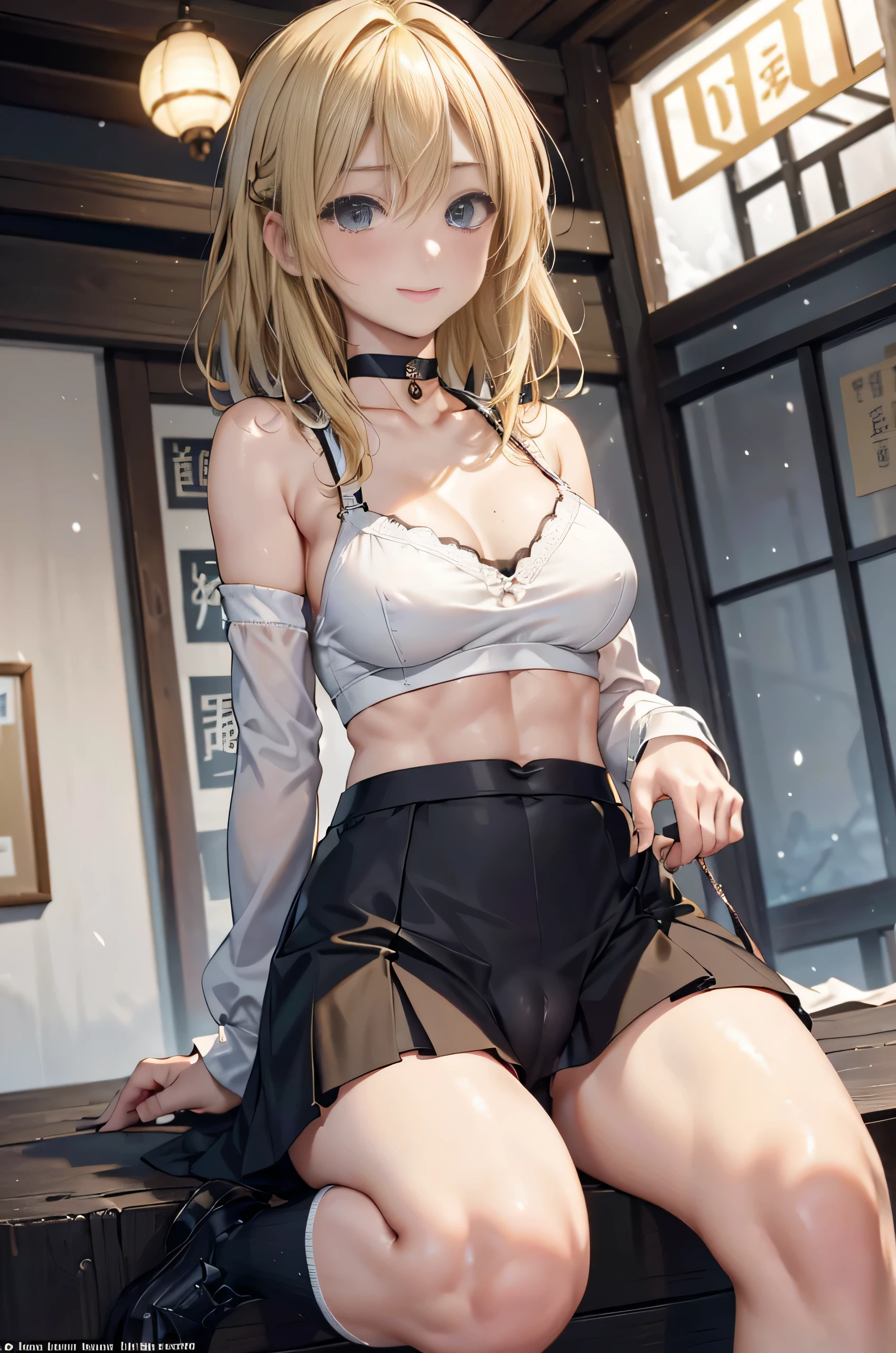 (realism:1.5、highest quality、masterpiece、High resolution、must-have)、snow mountainに立つ1人の23歳の女性、bondage、(flare skirt、combat uniform、choker、knee high socks)、fine eyes:1.7、Fineness of the eyes:1.8、beauty of skin:1.8、(looking at the camera:1.2)、(Photo seen from below:1.3)、(medium hair:1.2、bright blonde hair:1.5)、expression(shy smile) :1.3、blush:1.3)、Pause(誘惑Pause:1.5)、heart accessories、Heart-shaped、background(snow mountain:1.5、Remains、apocalyptic world)、(Medium chest、slender、abs:1.2)、(detail perfect)face)、normal hands:1.5、normal finger:1:5、normal feet:1.5、(cameltoe)