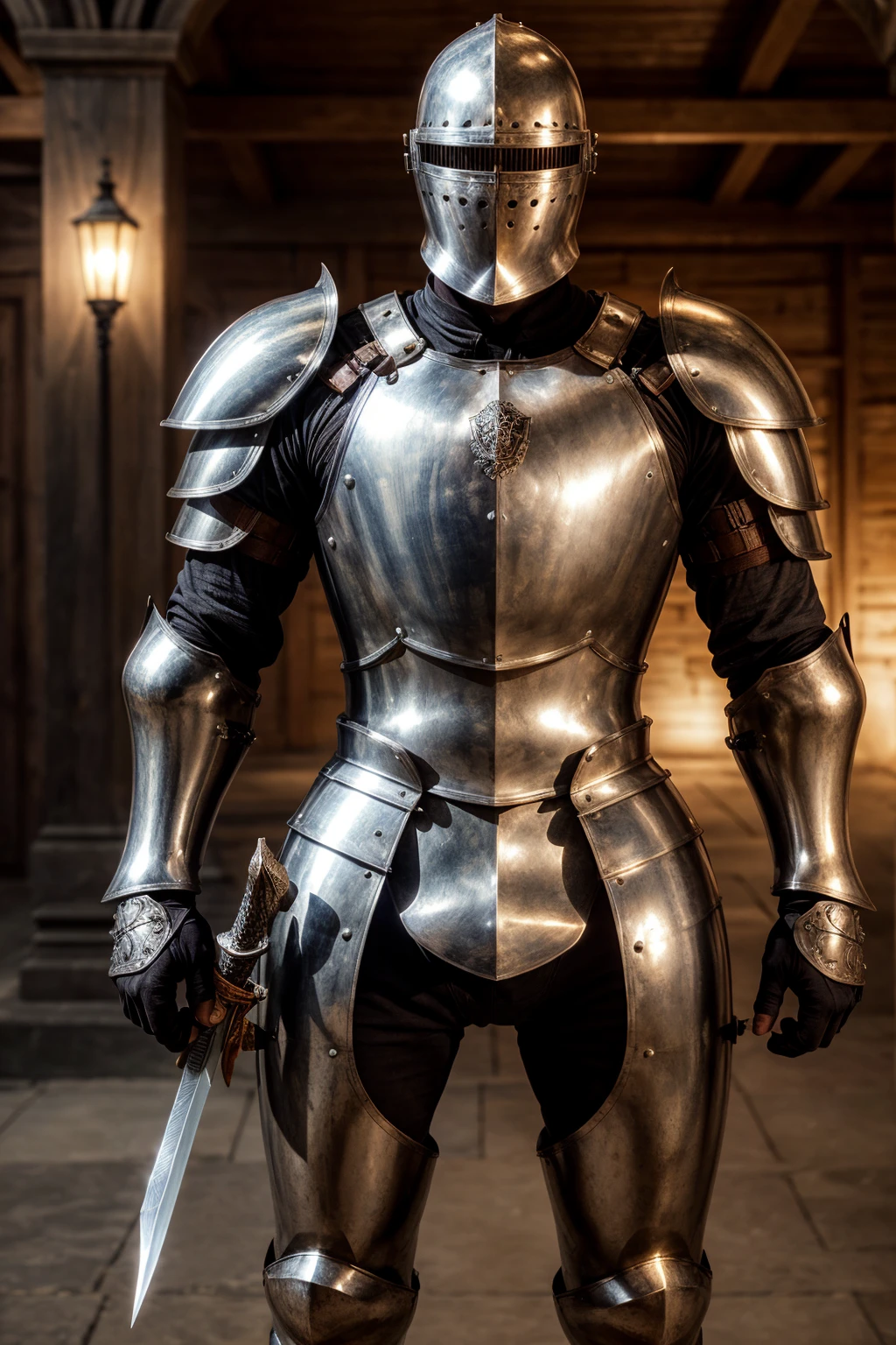 knight in full armor with a sword and shield, historical armor, armor made of steel, wearing full metal armour, polished steel armor, silver metal armor, suit of armor, ornate steel armour, medieval armor, wearing intricate steel armor, medieval armour, in a suit of armour, full steel armour, battle armour, wearing full armour, photorealistic, indirect lighting, volumetric light, ray tracing, hyper-detailed, best quality, ultra-high resolution, HDR, (8k, Best Quality, Masterpiece:1.2), Ultra Detail, RAW Photo, Super Resolution, Professional Photo, Extremely Detailed and Beautiful, professional lighting, 