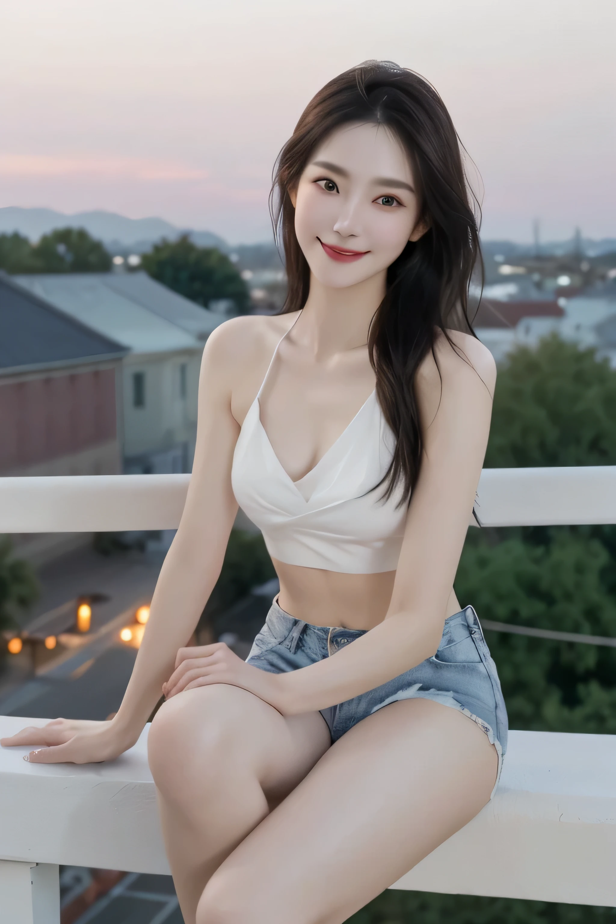 best quality, 4K, 8k, Detailed faces, clear face, a beautiful girl, Korean makeup, smilingly, Perfect body,long black hair,medium breasts,thigh,Slim,thin,(realistically,realistically,lifelike:1.37),1 girl,Super detailed,beautiful and delicate eyes,Beautiful nose details,(White camisole,V-neck,unity,white jean shorts),whole body image,Attractions,,roof,railing,small town,tower,telephone pole,plant,Front camera,night,night,Thick clouds,Sunset,fair skin,High heel,