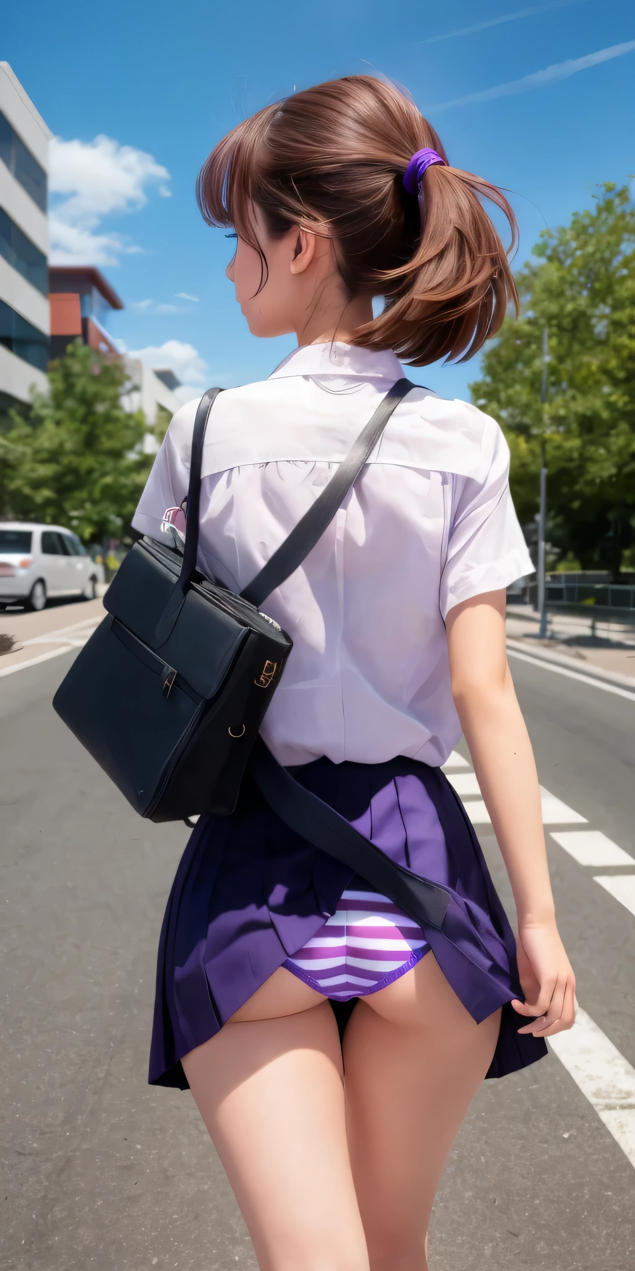 RAW image quality, best image quality, 1 girl, brown hair, purple eyes, walk, from behind, accidental exposure, pleated skirt, Horizontal striped panties, bag, white socks, the wind is blowing