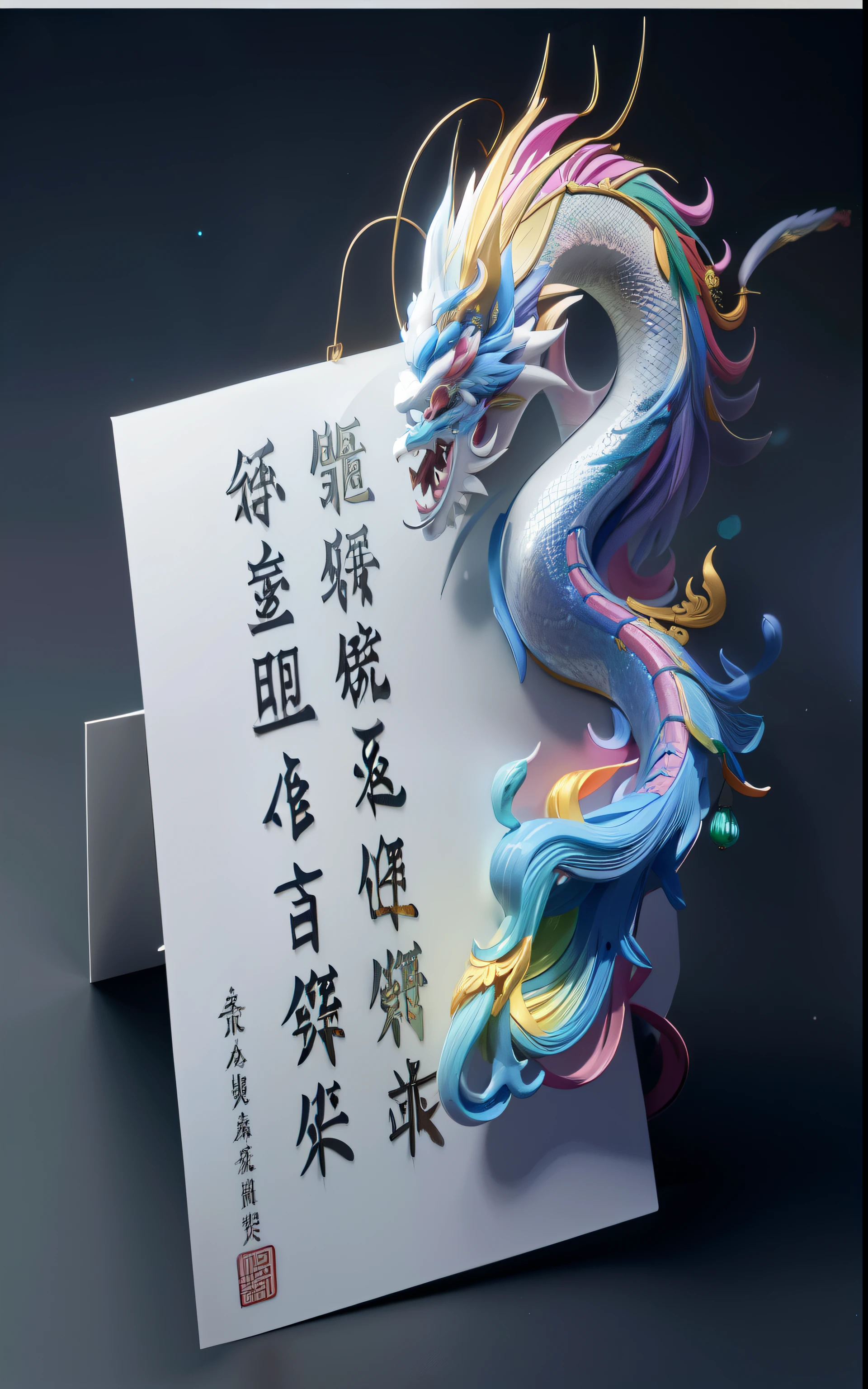 Chinese dragon with rainbow tail，write on a piece of paper, dragon design language, Chinese Silk 3D Dragon, Chinese fantasy, Chinese dragon concept art, author：Li Kan, Detailed digital 3D art, dragon art, smooth chinese dragon, 3 d digital art, 3 d digital art, Chinese text, beautiful artwork, 1 stop, cai xukun, Wheels within wheels、A colorful masterpiece