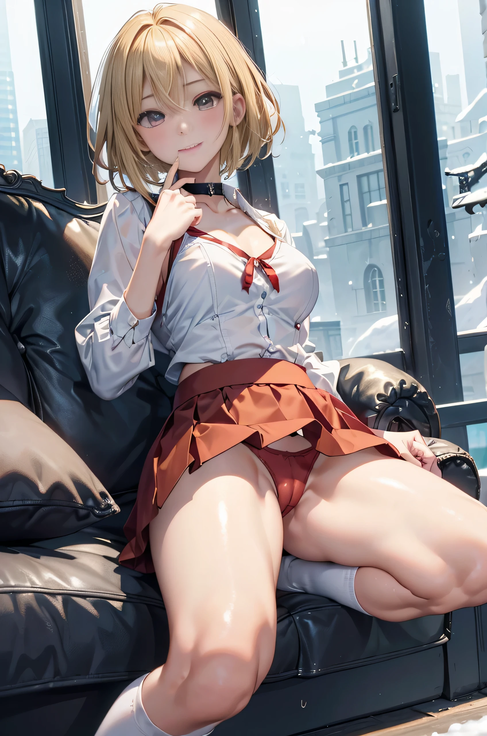 (realism:1.5、highest quality、masterpiece、High resolution、must-have)、snow mountainに立つ1人の23歳の女性、Bondage style、(red flared skirt、Red combat uniform、choker、knee high socks)、fine eyes:1.7、Fineness of the eyes:1.8、beauty of skin:1.8、(looking at the camera:1.2)、(Photo seen from below:1.3)、(short hair:1.2、bright blonde hair:1.5)、expression(Impish Smile) :1.3、blush:1.3)、Pause(誘惑Pause:1.5)、heart accessories、Heart-shaped、background(snow mountain:1.5、Remains、apocalyptic world)、(Medium chest、slender、abs:1.2)、(detail perfect)face)、normal hands:1.5、normal finger:1:5、normal feet:1.5、(cameltoe)