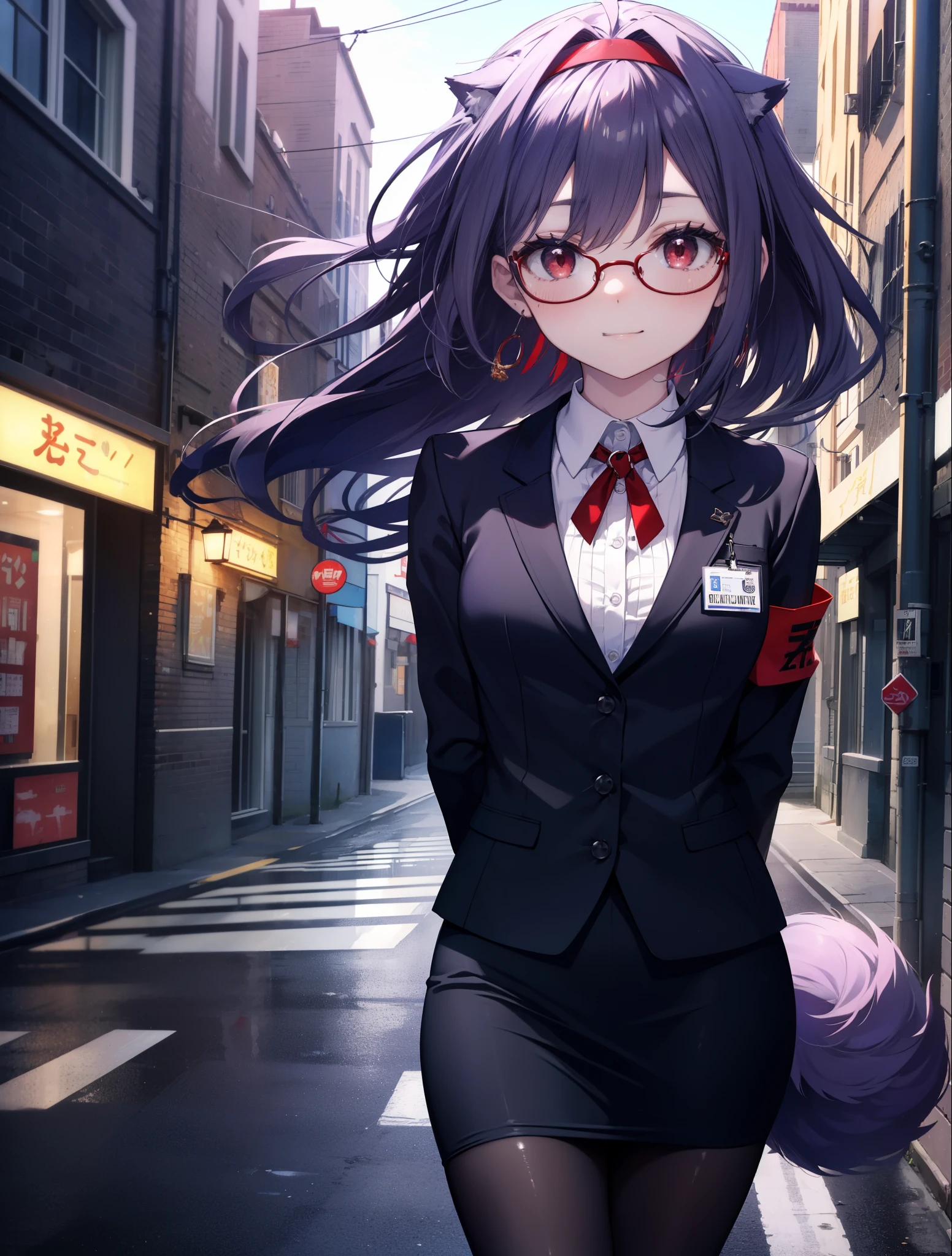 yuukikonno, Yuki Konno, hair band, long hair, purple hair, (red eyes:1.5), (small breasts:1.2), Ahoge,close your mouth,animal ears dog ears,animal tail dog tail,OL, red glasses, Fundo, black suit jacket, collared jacket, white dress shirt, collared shirt, neckline, button, strap, ID card on neck, black pencil skirt, black pantyhose, stiletto heels,place your arms behind your back,smile, blush, morning,morning日
break looking at viewer, 上から見下ろす
break outdoors, city,building street,
break (masterpiece:1.2), highest quality, High resolution, unity 8k wallpaper, (shape:0.8), (beautiful and detailed eyes:1.6), highly detailed face, Always thin fingers,perfect lighting, Very detailed CG, (perfect hands, perfect anatomy),