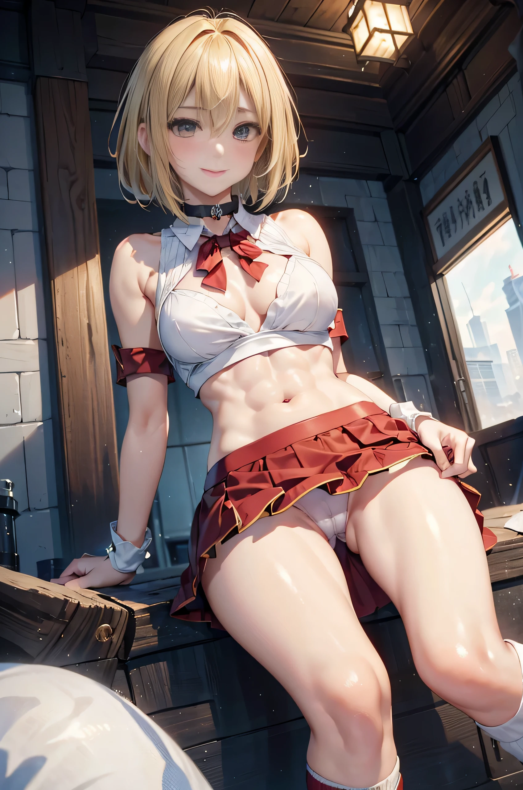 (realism:1.5、highest quality、masterpiece、High resolution、must-have)、snow mountainに立つ1人の23歳の女性、Bondage style、(red flared skirt、Red combat uniform、choker、knee high socks)、fine eyes:1.7、Fineness of the eyes:1.8、beauty of skin:1.8、(looking at the camera:1.2)、(Photo seen from below:1.3)、(short hair:1.2、bright blonde hair:1.5)、expression(Impish Smile) :1.3、blush:1.3)、Pause(誘惑Pause:1.5)、heart accessories、Heart-shaped、background(snow mountain:1.5、Remains、apocalyptic world)、(Medium chest、slender、abs:1.2)、(detail perfect)face)、normal hands:1.5、normal finger:1:5、normal feet:1.5、(cameltoe)