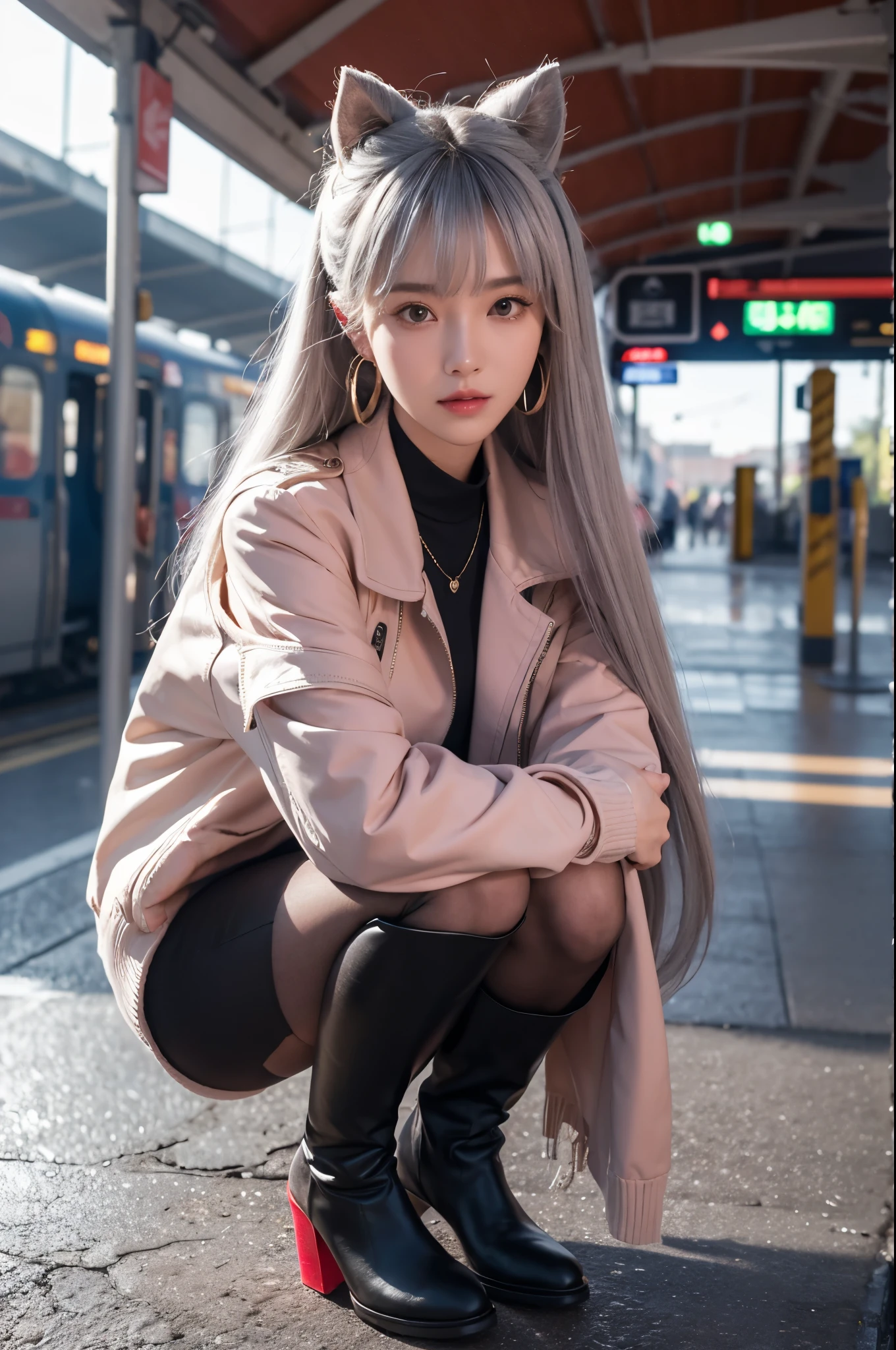 artworks,超高分辨率,8K分辨率,完美的身體,Accurate facial features with depth of field,is a perfect face,girl,the only person,ssmile,Long gray hair,with pink hair,crossed bangs,shairband,bangle,collars,hoop earings,aviator sunglasses bomber jacket,red fire retardant clothing,Over-the-knee boots,Ruffled pantyhose,crouched,facing to audience,eventide,temple,Train station,Fleet Collection,灯光