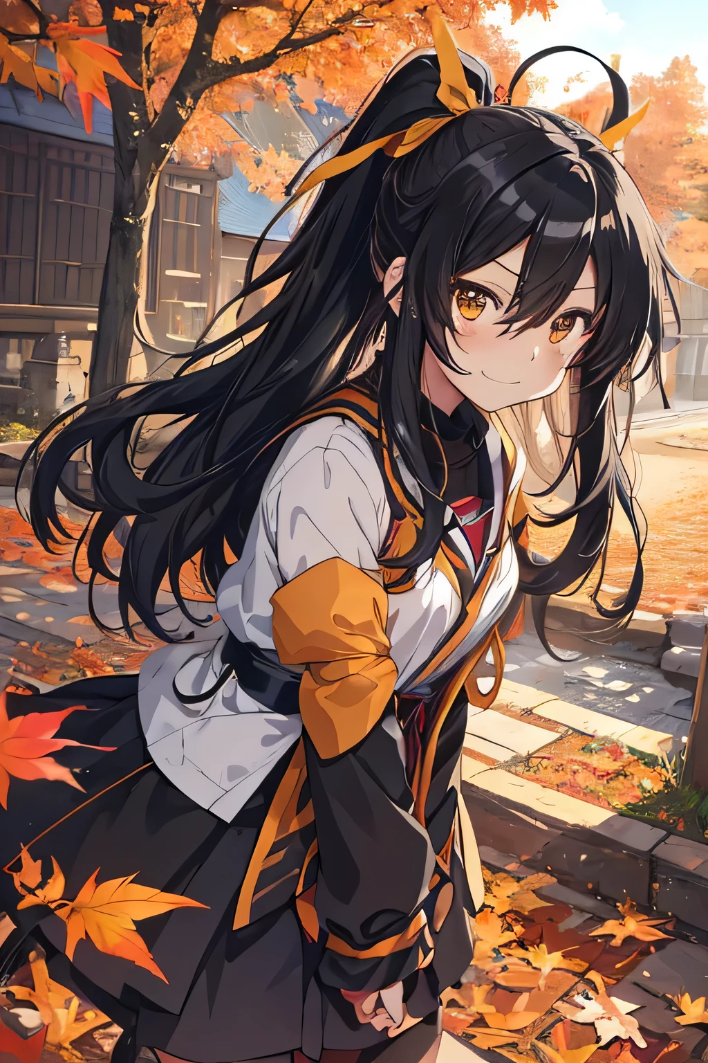 art by yaguru magiku, A teenage girl wearing a black knight armor, angry smile, in the style of Kyoto Animation in the 2010s, official art, ((((black hair)), eyes of Haruhi Suzumiya, face of Haruhi Suzumiya)), beautiful symmetric face, ponytail, at a medieval european castle on an autumn day, fantasy, alone, solo, 8k, posing of Haruhi Suzumiya