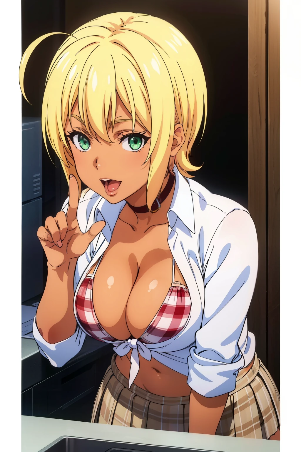 masterpiece, best quality, high resolution, 2D, anime cels, Ikumi Mito, (fellatio gesture:1.4), 1girl, blonde hair, huge breasts, short hair, ahoge, cleavage, green eyes, dark skin, dark-skinned female, swimsuit, bikini, skirt, plaid, shirt, upper body, open mouth, tongue out, leaning forward, smile, looking at viewer