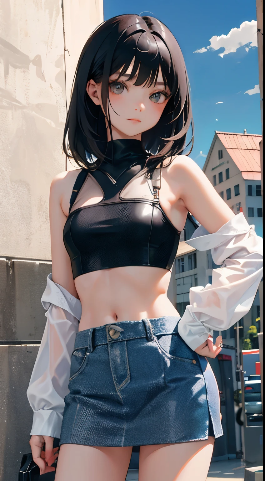 (short cute girl,small young student,young delicate girl),(masterpiece,Top quality),crop top look,pastel colored clothes,long black hair