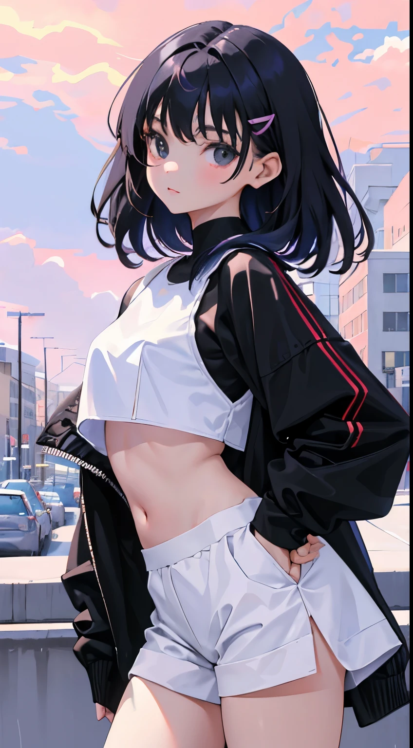 (short cute girl，small young student，young delicate girl）,（masterpiece，Top quality)，crop top look，pastel colored clothes，long black hair