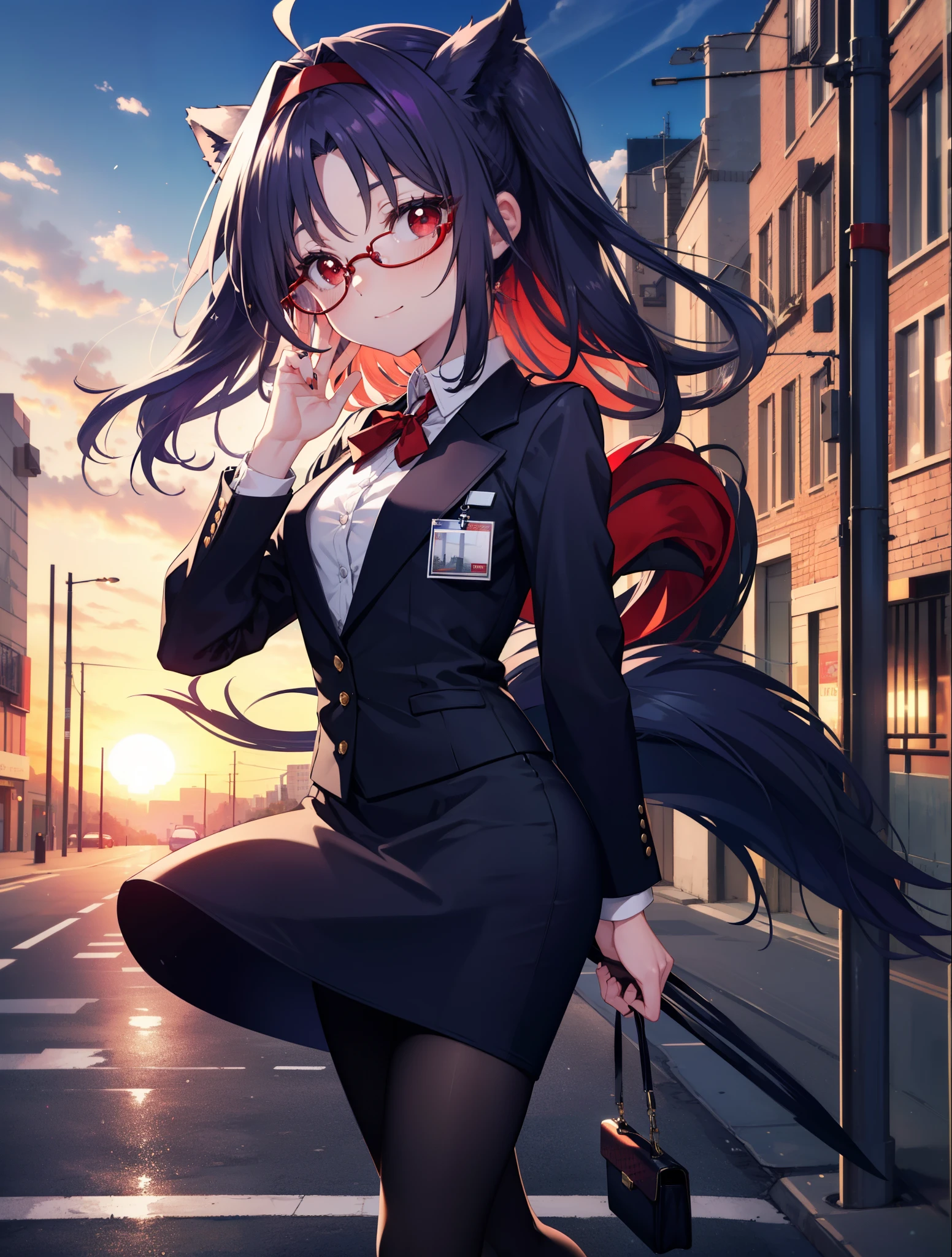 yuukikonno, Yuki Konno, hair band, long hair, purple hair, (red eyes:1.5), (small breasts:1.2), Ahoge,close your mouth,animal ears dog ears,animal tail dog tail,OL, red glasses, Fundo, black suit jacket, collared jacket, white dress shirt, collared shirt, neckline, button, strap, ID card on neck, black pencil skirt, black pantyhose, stiletto heels,place your arms behind your back,smile, blush, morning,morning日
break looking at viewer, 上から見下ろす
break outdoors, city,building street,
break (masterpiece:1.2), highest quality, High resolution, unity 8k wallpaper, (shape:0.8), (beautiful and detailed eyes:1.6), highly detailed face, Always thin fingers,perfect lighting, Very detailed CG, (perfect hands, perfect anatomy),