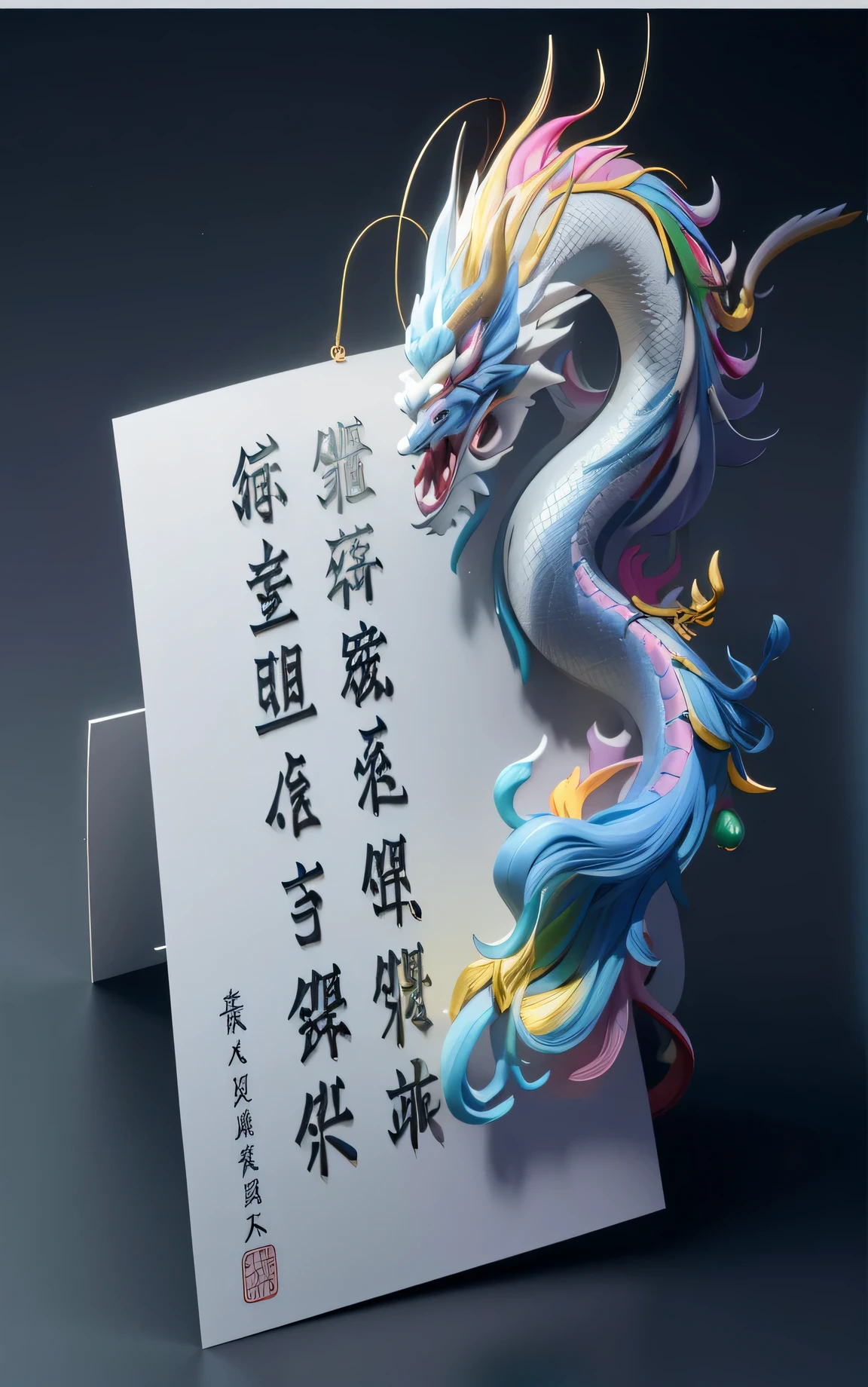 Chinese dragon with rainbow tail，Write it on a piece of paper, dragon design language, Chinese Silk 3D Dragon, Chinese fantasy, Chinese dragon concept art, author：Li Kan, Detailed digital 3D art, dragon art, smooth chinese dragon, 3 d digital art, 3 d digital art, Chinese text, beautiful artwork, 1 stop, cai xukun, wheels within wheels、A colorful masterpiece