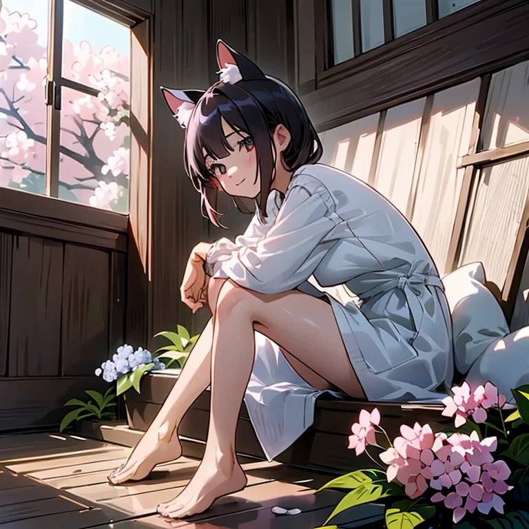 masterpiece, 最high quality, high quality, Highly detailed 8K wallpaper, landscape, indoor,Japanese-style house {{{festival, ポスト荘厳なlandscape, Desolate and eerie atmosphere, collapsed building, overgrown plants, Undeservedly beautiful, dramatic lighting, Scattered debris, A sense of mystery and melancholy.a destroyed world}}}、girl、Cat ear、small、10 years old、cute、yukata、{Perfect thigh exposure lineup: 1.3},barefoot, {貧乳1:1}, {bust1:1}、yukataのみ、{yukata, no lingerie, 完璧なBare skin，: 1.6}、fun、Bare skin、fair skin、{Wet skin｝、{Revealing clothing｝、{short clothes｝、{perfect face shape 1:4｝、{Light floating in the background 1:2｝、From the side、walk、whole body、{accurate limbs｝、plum、cherry blossoms、hydrangea