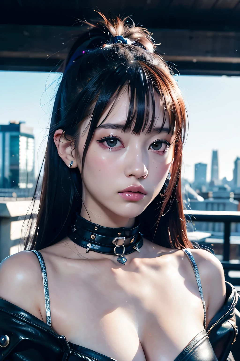 8k、High resolution、punk fashion、beautiful girl、s render body、young、colorful costumes、white skin,s,narrow eyes、london cityscape,high nose,lighting that illuminates the face、clear image、intellectual beauty、Eyes staring straight ahead、skinny、no makeup,shiny skin